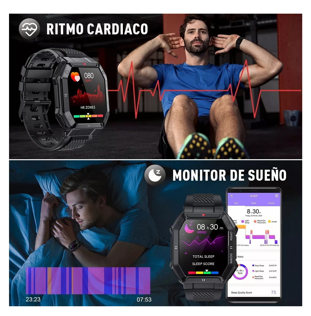 Smartwatch Para Hombre Reloj Inteligente Deportivo negro cuadrado 