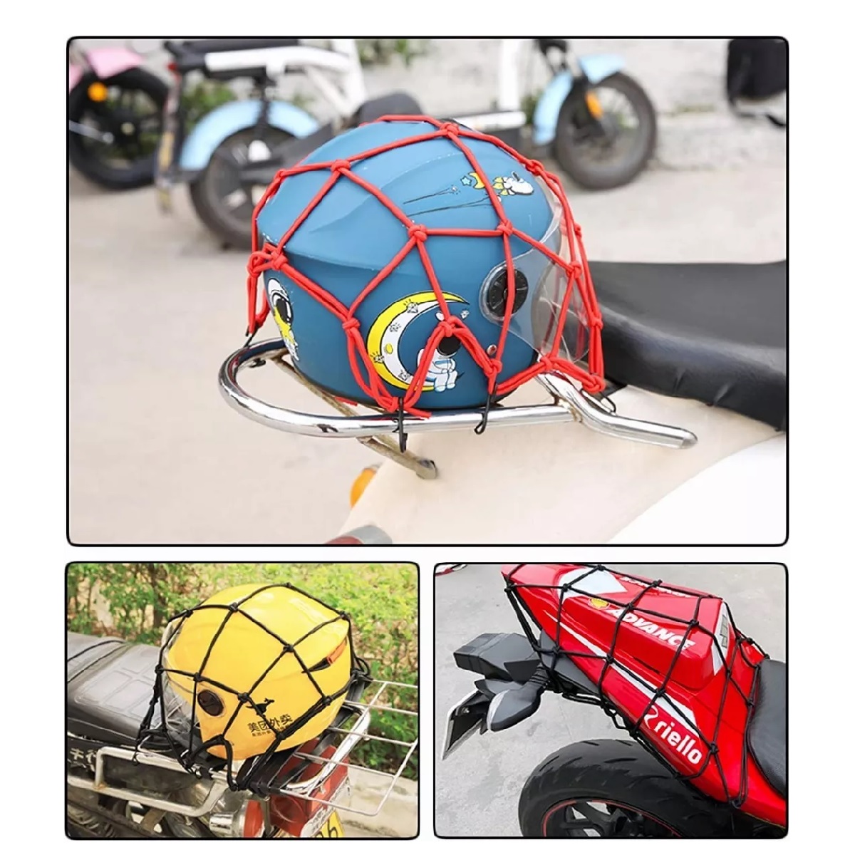 Set 2 Malla Porta Parrilla Casco Redes Moto+3 Cuerdas Elasticas