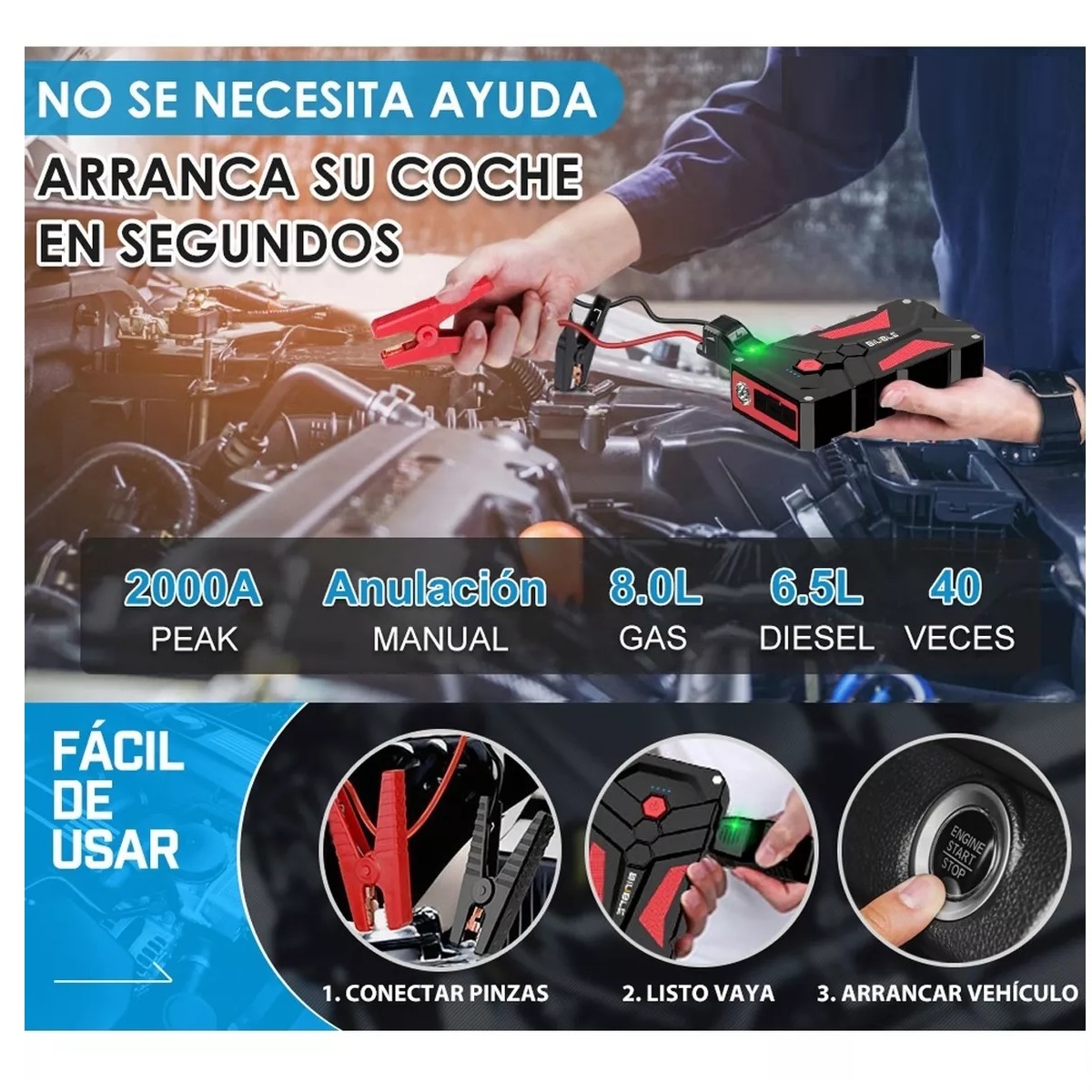 Arrancador De Batería De 2000a, 21800mah Para 8 Cilindros