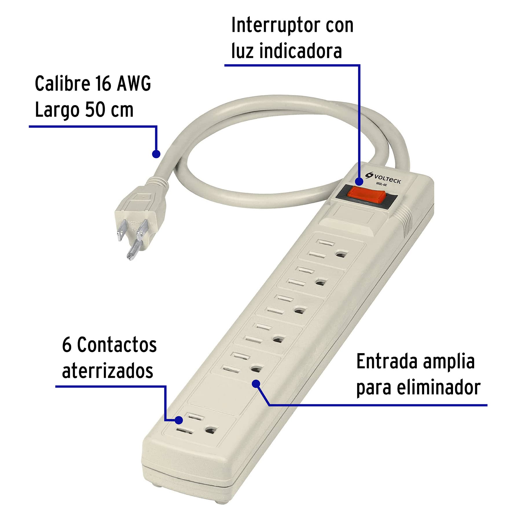 MULTICONTACTO 16 AWG USO RUDO CON 6 ENTRADAS, VOLTECK 47182