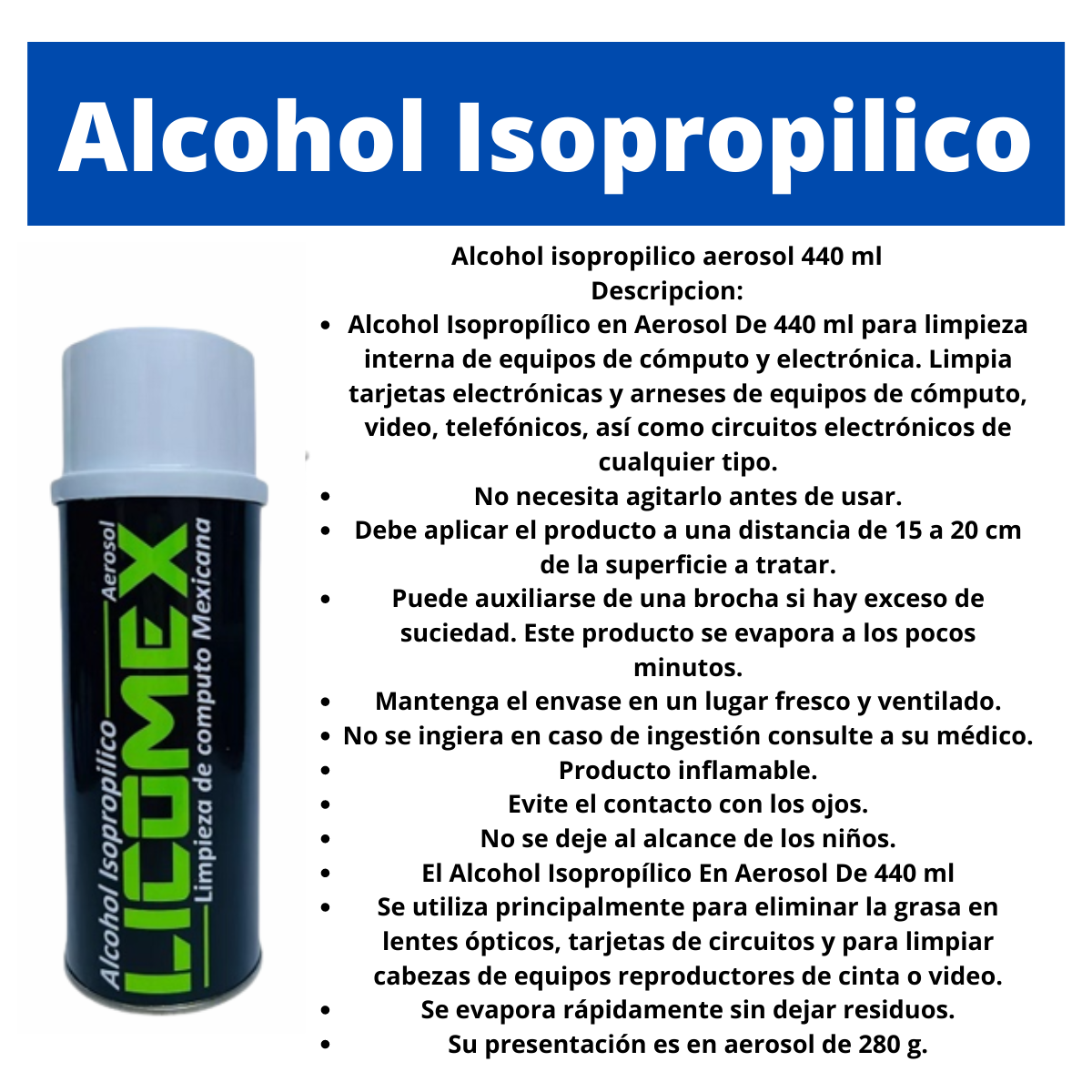 6 Piezas Alcohol Isopropílico En Aerosol Licomex 440ml C/u