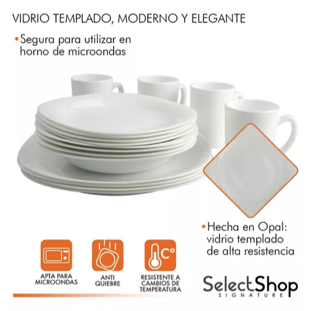 Vajilla Moderna Cuadrada De Opal Resistente 4 Personas 16pzs