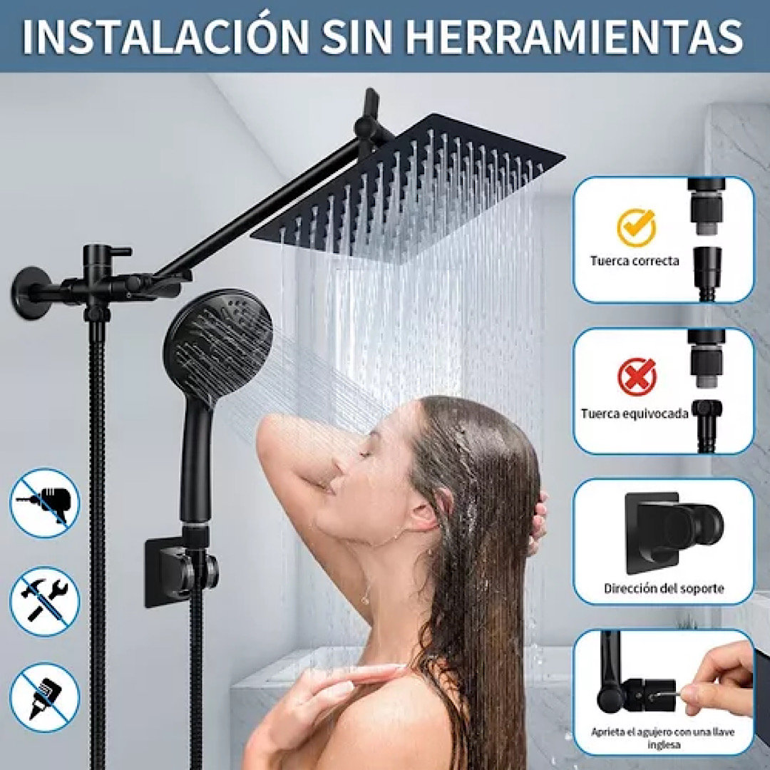 Regadera Cuadrada + Ducha De Mano De Alta Presión 5 Modos