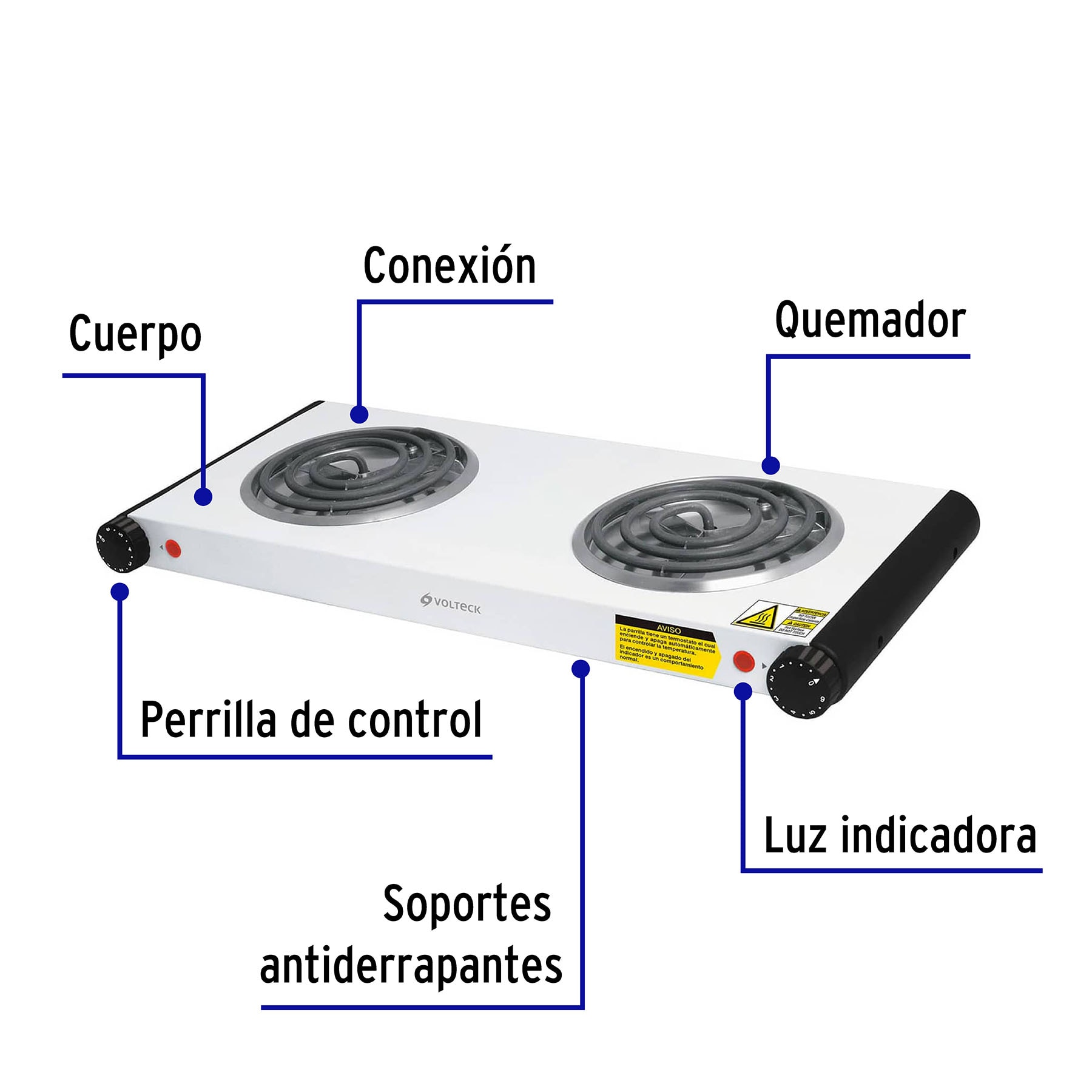 PARRILLA ELÉCTRICA DE DOBLE RESISTENCIA, BLANCA, VOLTECK 48127
