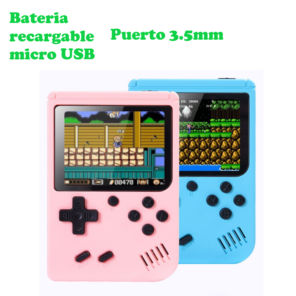 Mini consola portátil retro videojuegos 8 bits color LCD 3" 500 juegos verde recargable usb HD