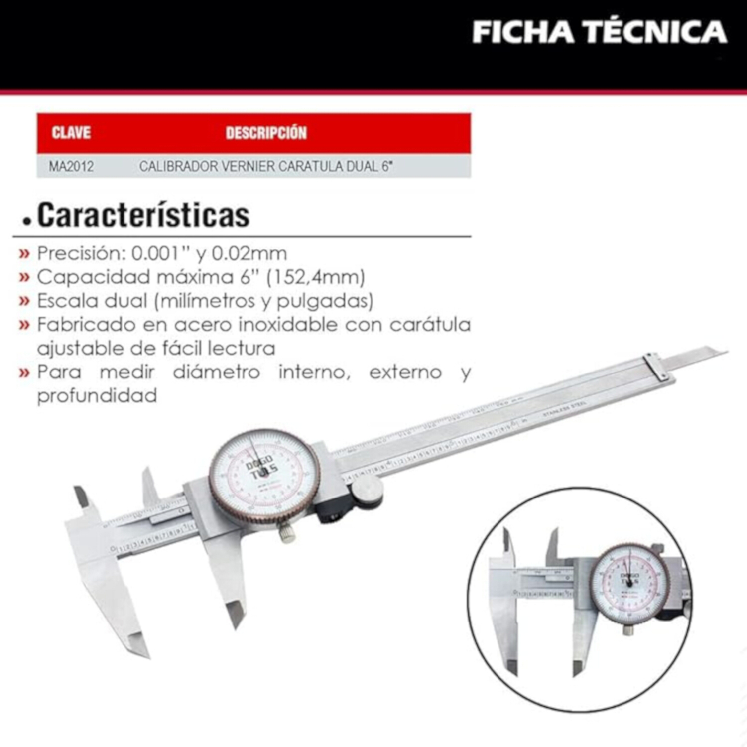 DOGOTULS MA2012 Calibrador Vernier Caratula Dual, 6"