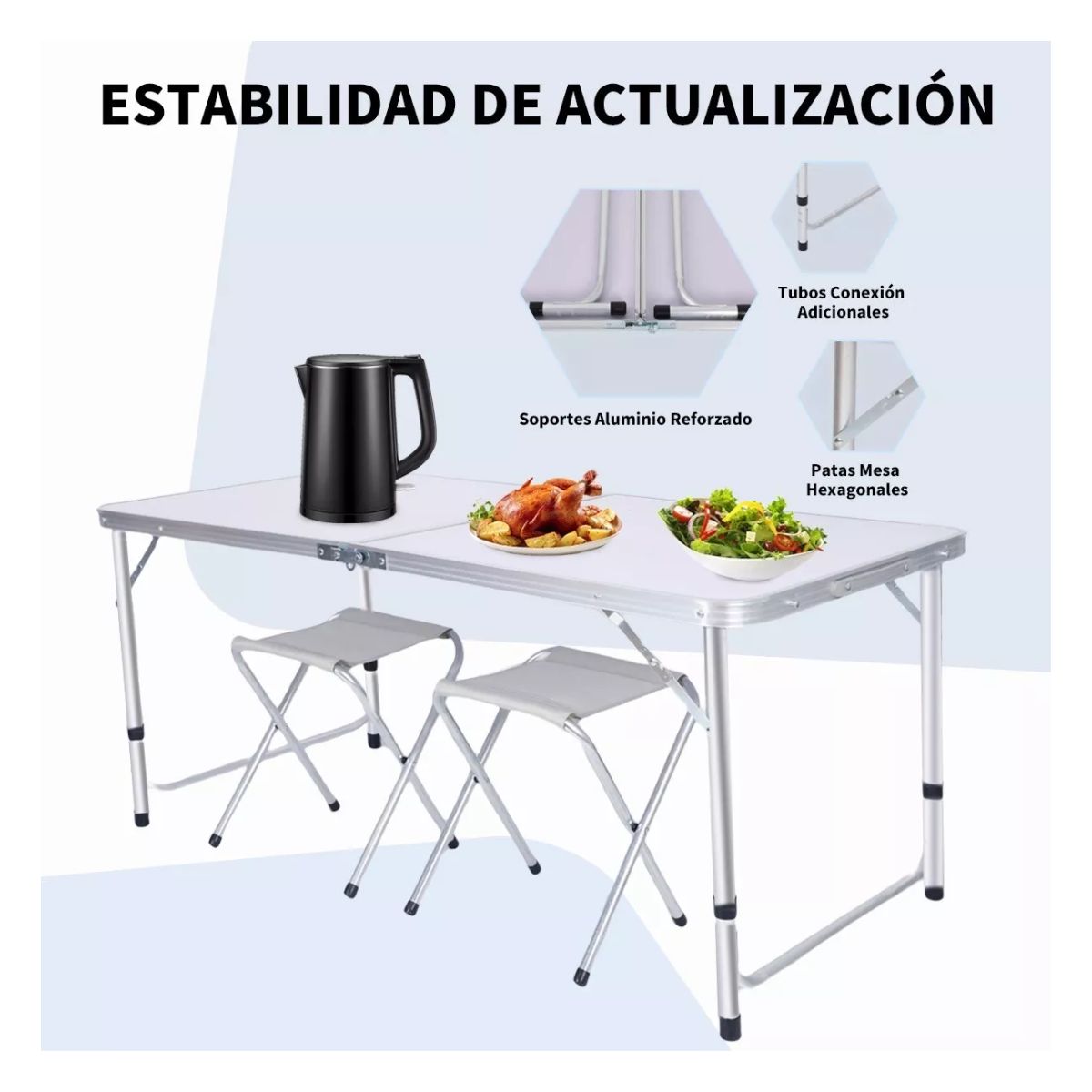 Mesa Plegable Portafolio Portátil Jardín 1.2m + 2 Taburetes Blanco