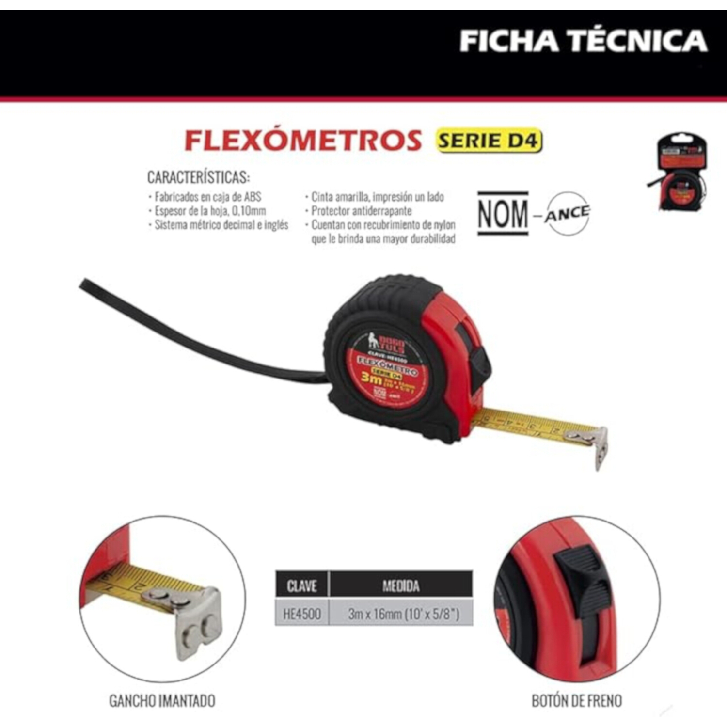 6 Flexómetros Serie D4 3m X 16mm (10 X 5/8)