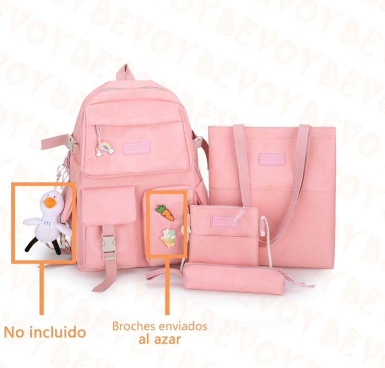 Mochilas Set 4 Pzs Escolar Bolsas Lapicera Rosa