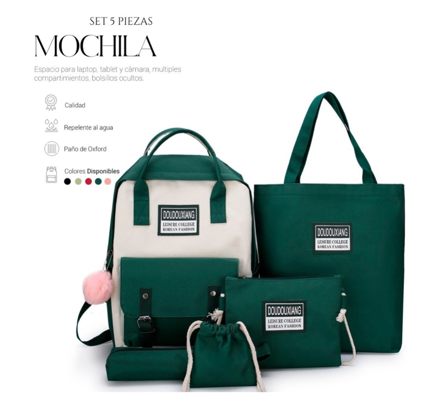 Mochilas Set 5 Pzs Escolar Bolsas Lapicera Verde