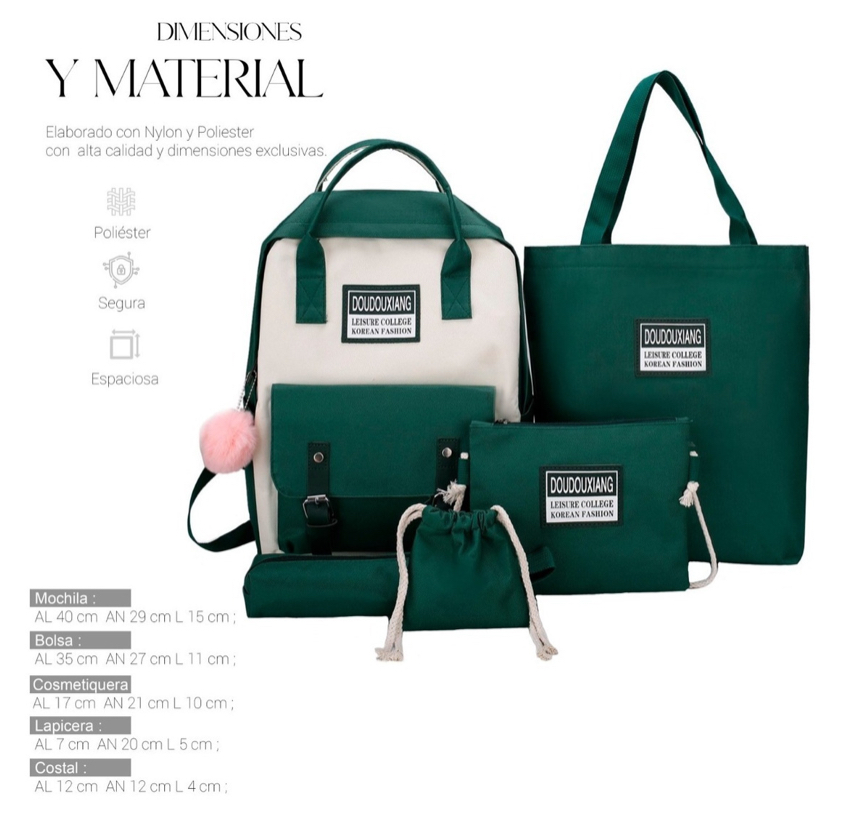 Mochilas Set 5 Pzs Escolar Bolsas Lapicera Verde
