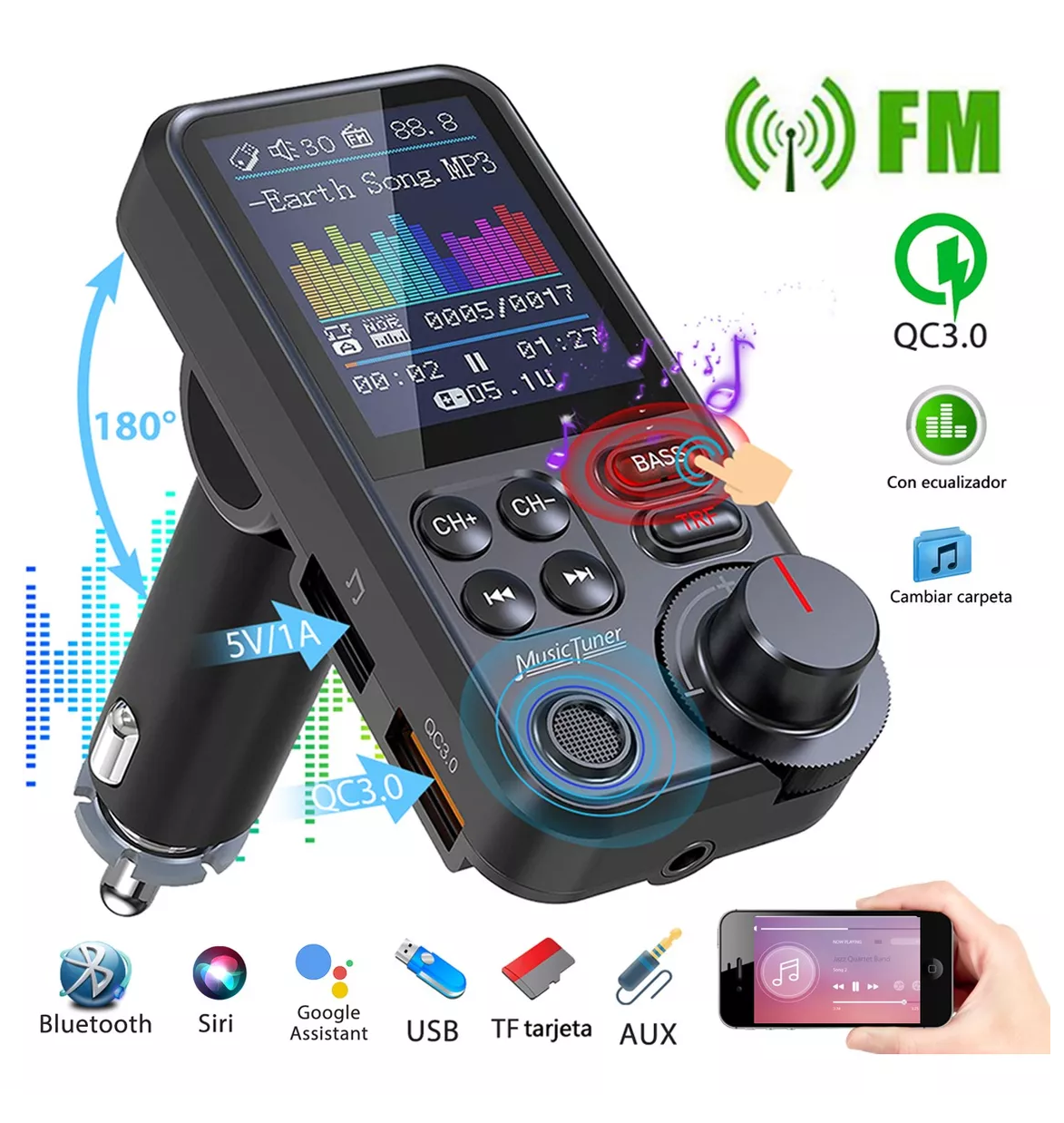 Transmisor Fm Qc3.0 1.8 Inalámbrico Para Auto Negro