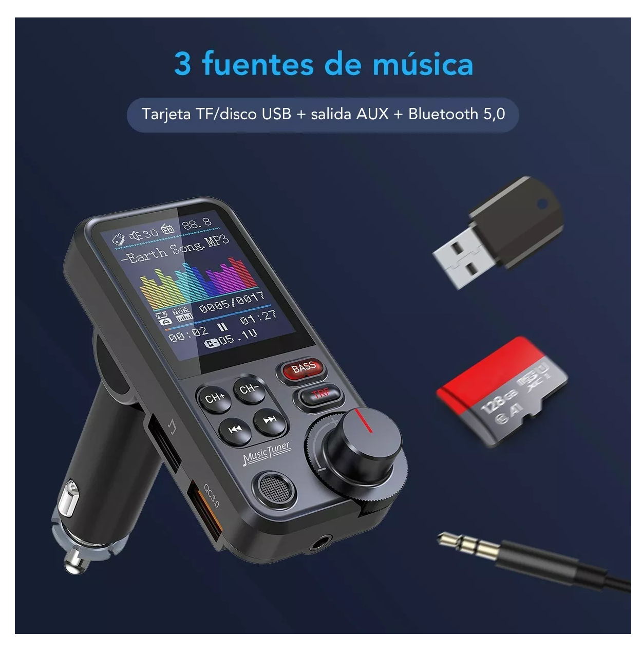 Transmisor Fm Qc3.0 1.8 Inalámbrico Para Auto Negro