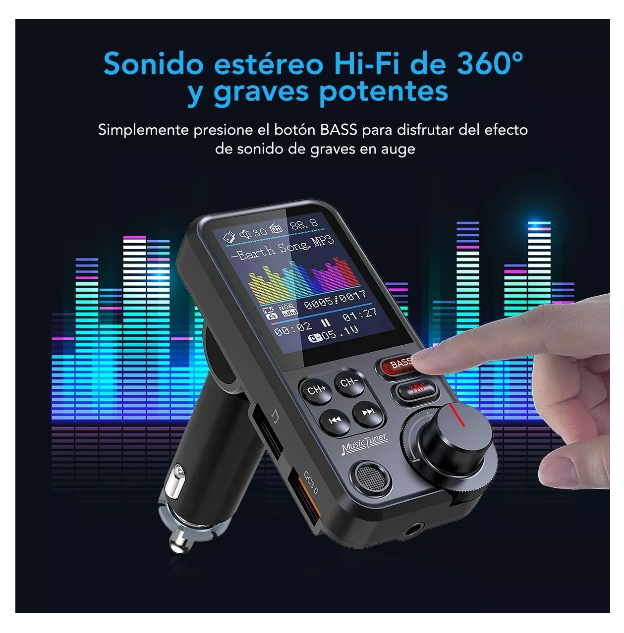 Transmisor Fm Qc3.0 1.8 Inalámbrico Para Auto Negro