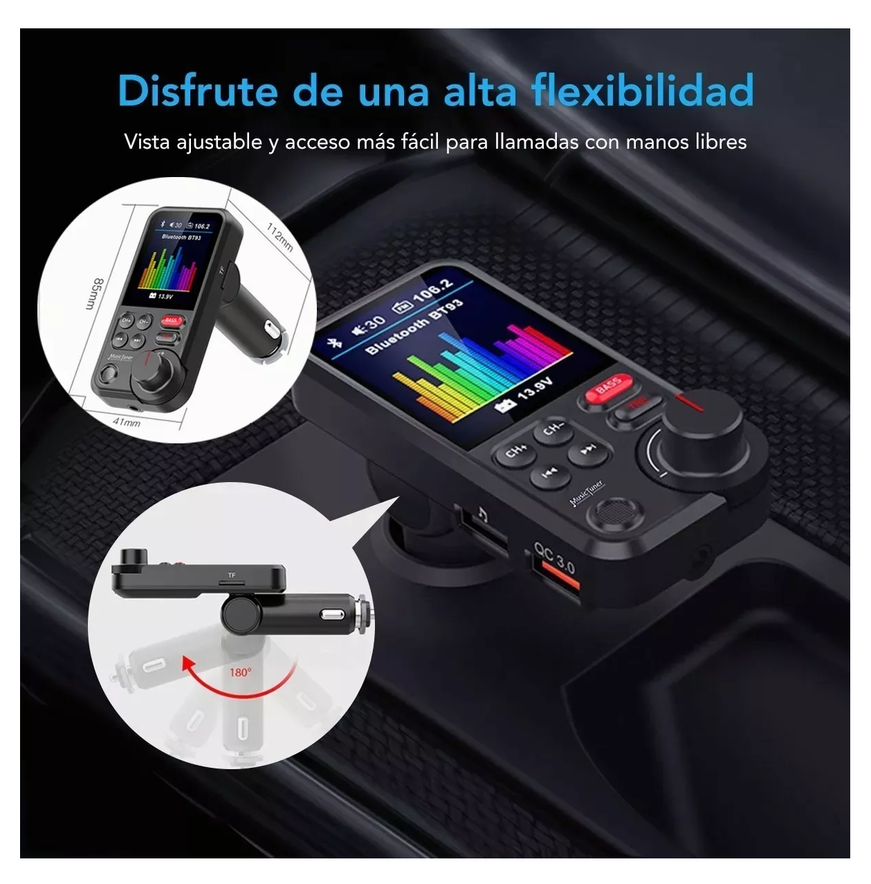 Transmisor Fm Qc3.0 1.8 Inalámbrico Para Auto Negro