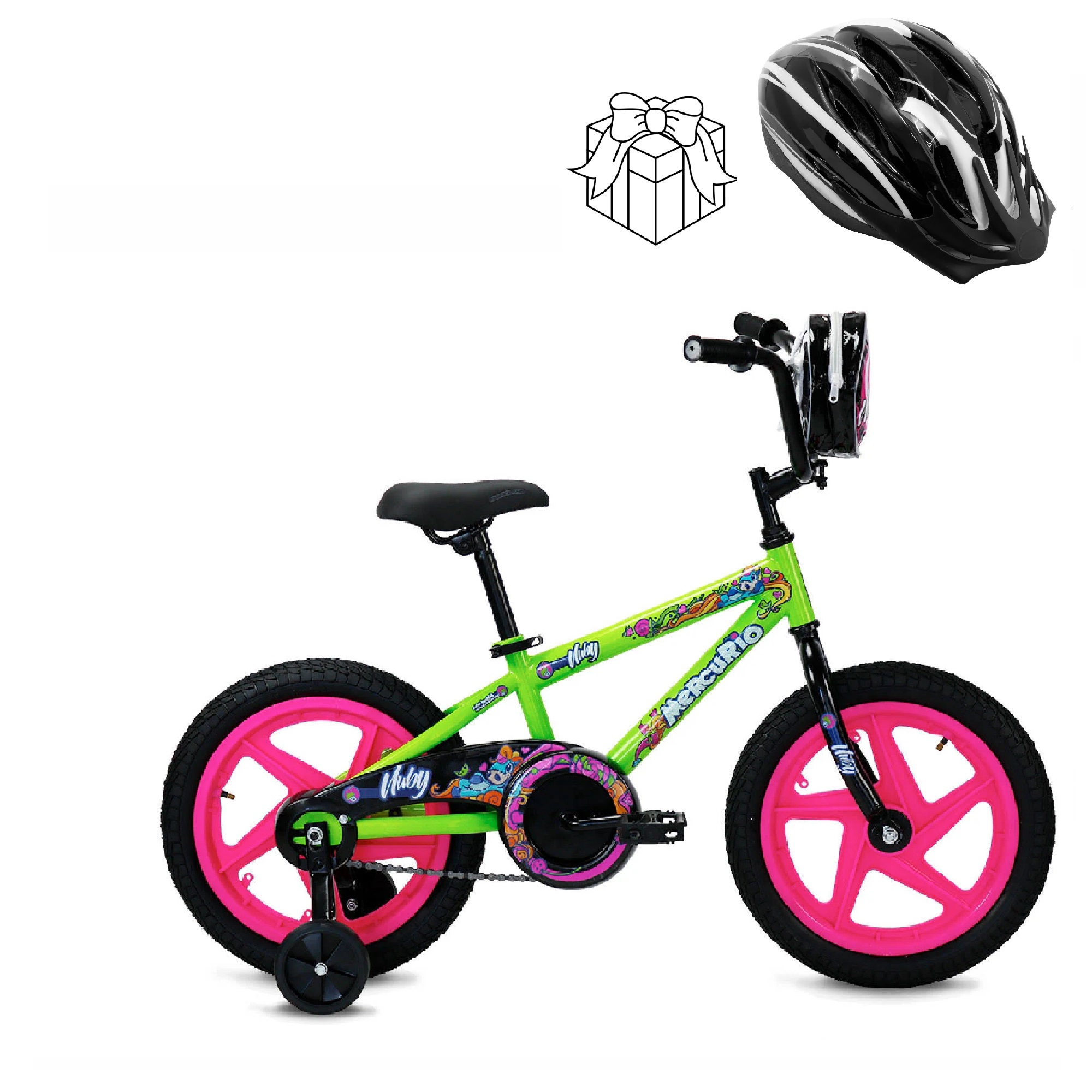 BICICLETA MERCURIO NUBY R16 1V. VERDE/ROSA + CASCO DE REGALO 