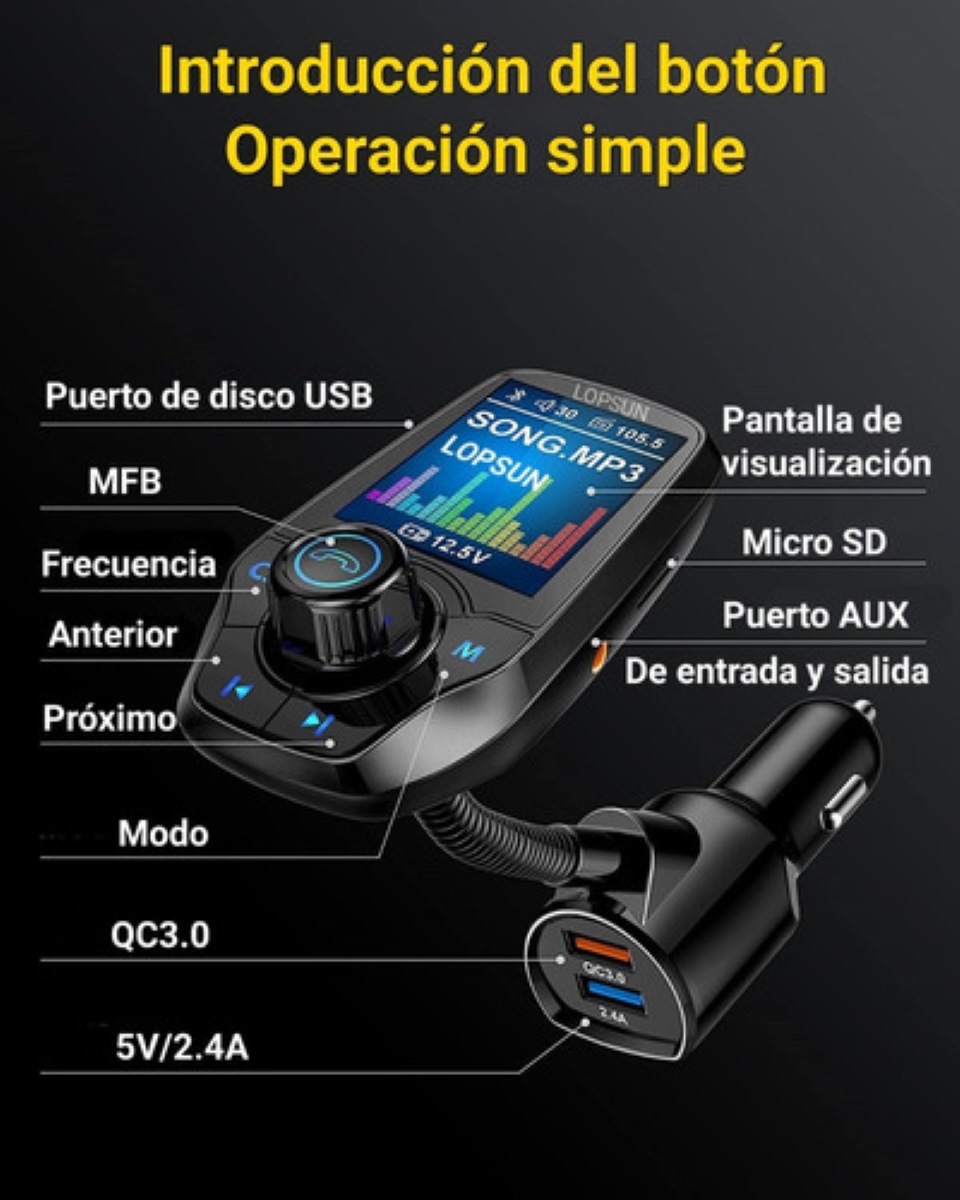 Receptor Transmisor Bluetooth Fm De Música Mp3 Manos Libres Neghro