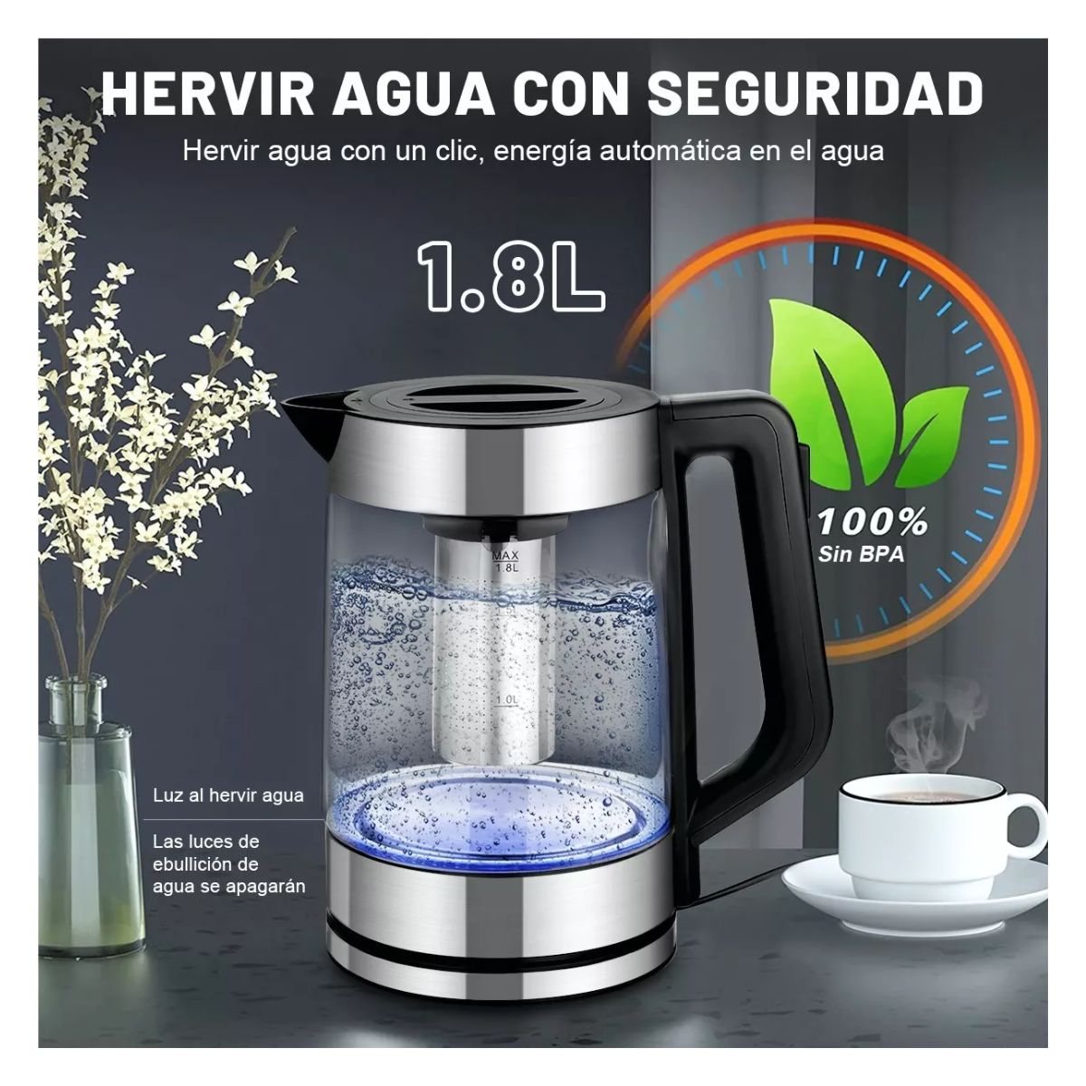 Jarra Eléctrica,teteras Eléctrico 1.8 L, Hervidor De Vidrio
