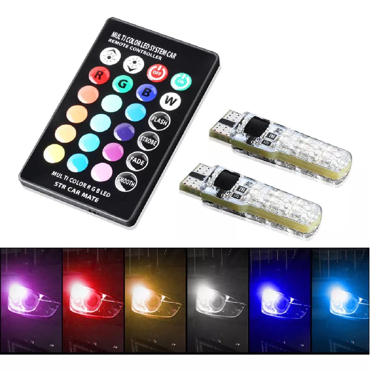 Par Foco Led T10 W5w Pellizco Rgb Con Estrobo Control Remoto 2 Pzas
