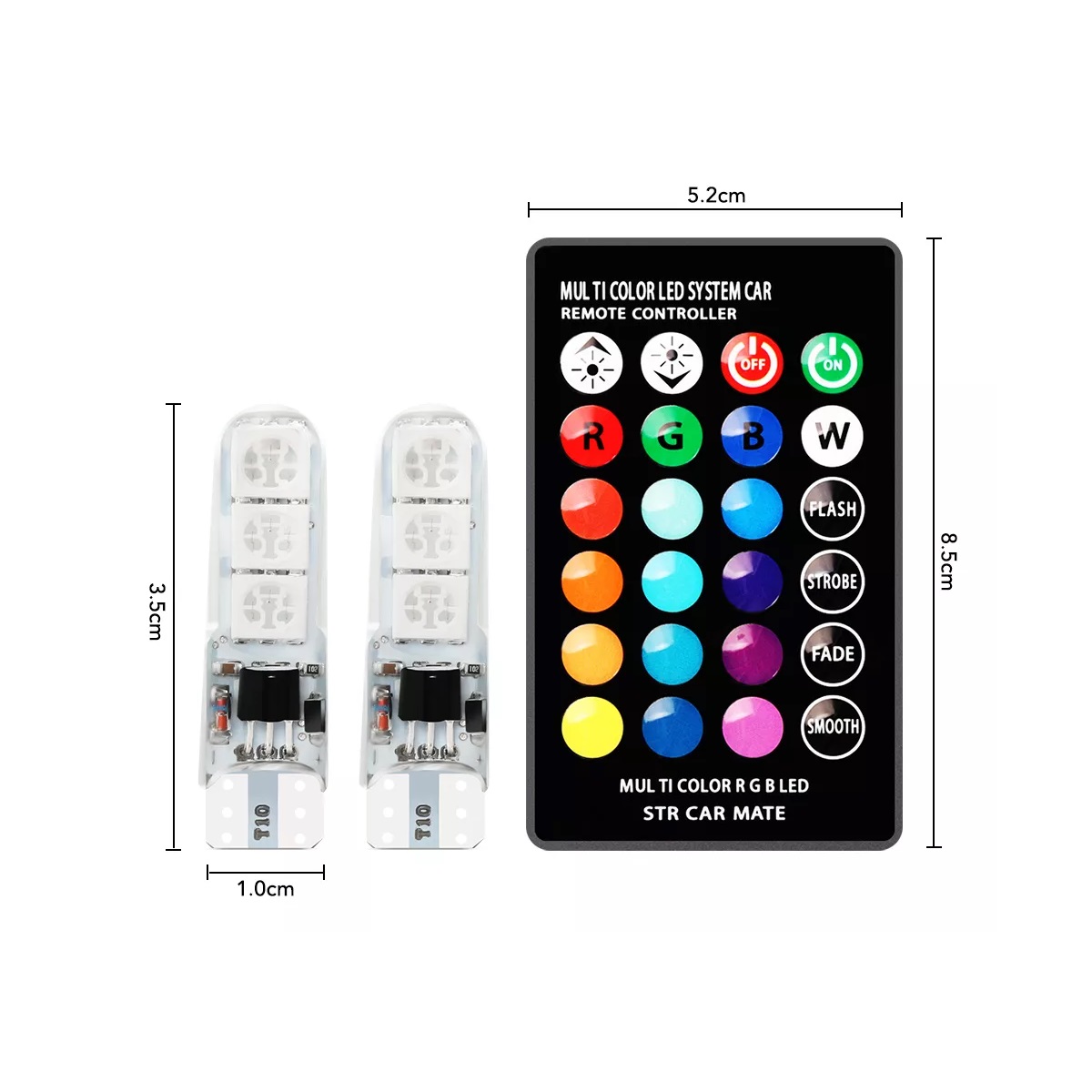 Par Foco Led T10 W5w Pellizco Rgb Con Estrobo Control Remoto 2 Pzas