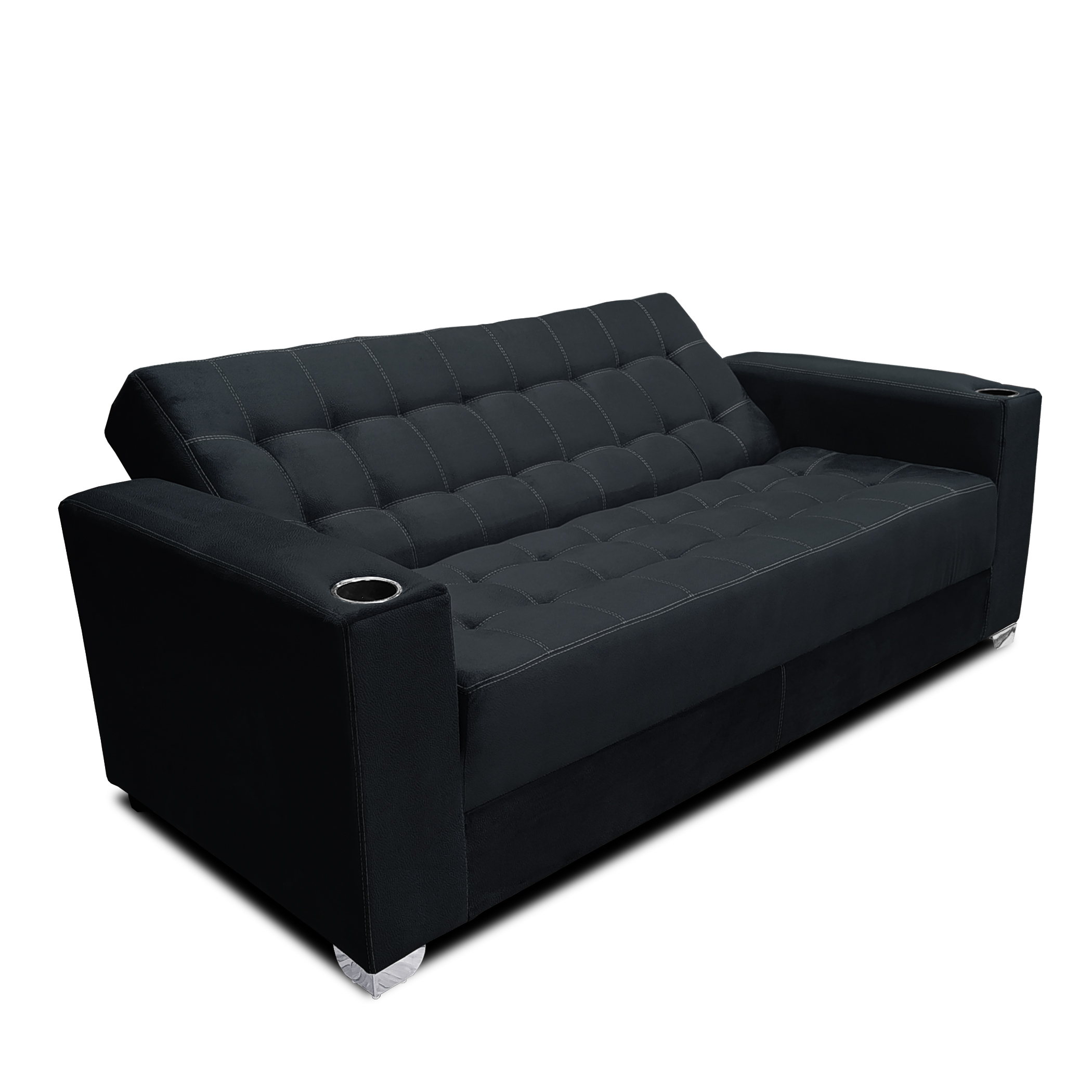 Sofa Cama Futón Reclinable De Piel Sintética Con Portavasos Y Almohadas  Negro