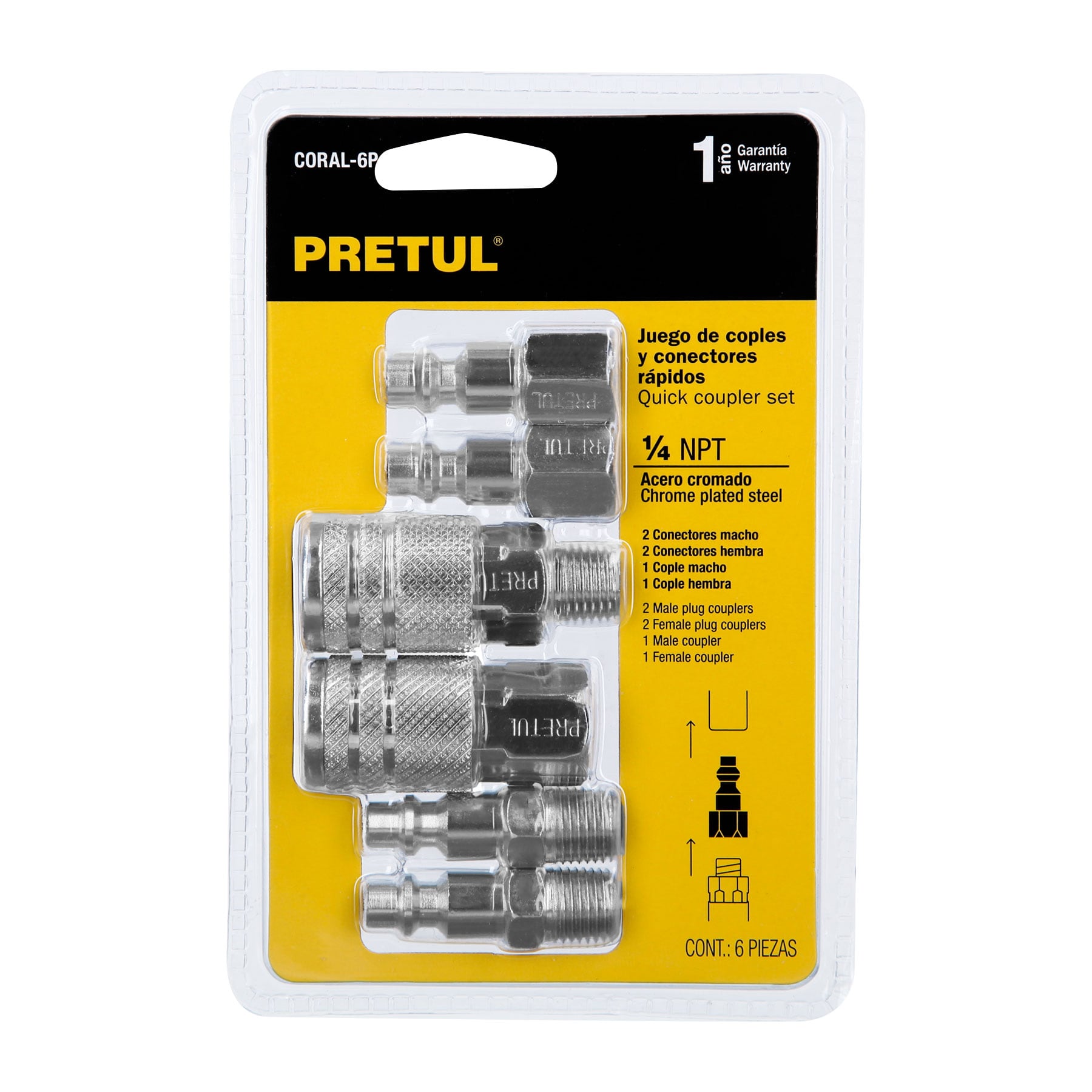 JUEGO DE 4 CONECTORES Y 2 COPLES, COMPRESOR DE AIRE, PRETUL 27030