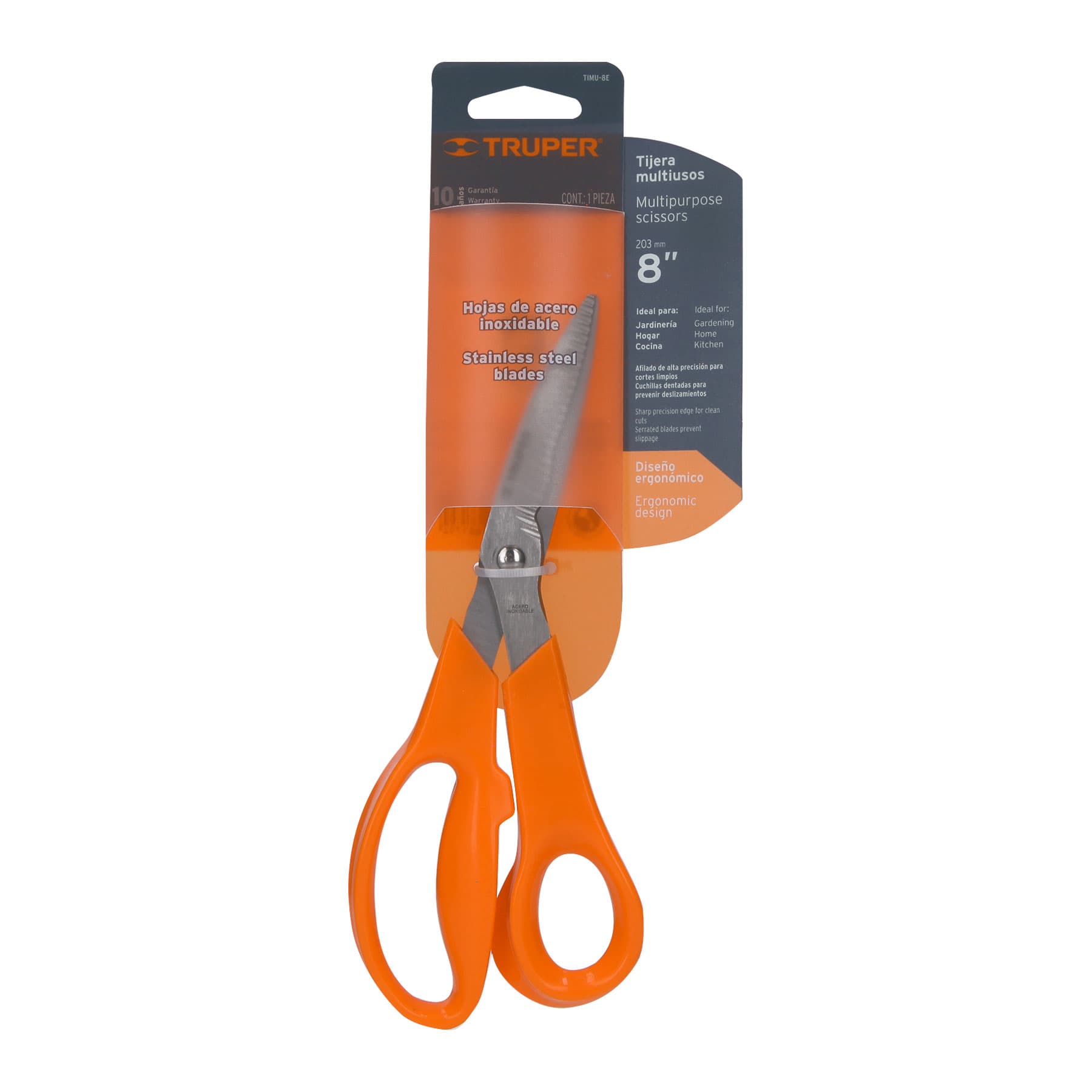 TIJERA 8" MULTIUSOS DE ACERO INOXIDABLE, CUCHILLAS DENTADAS TRUPER 18564