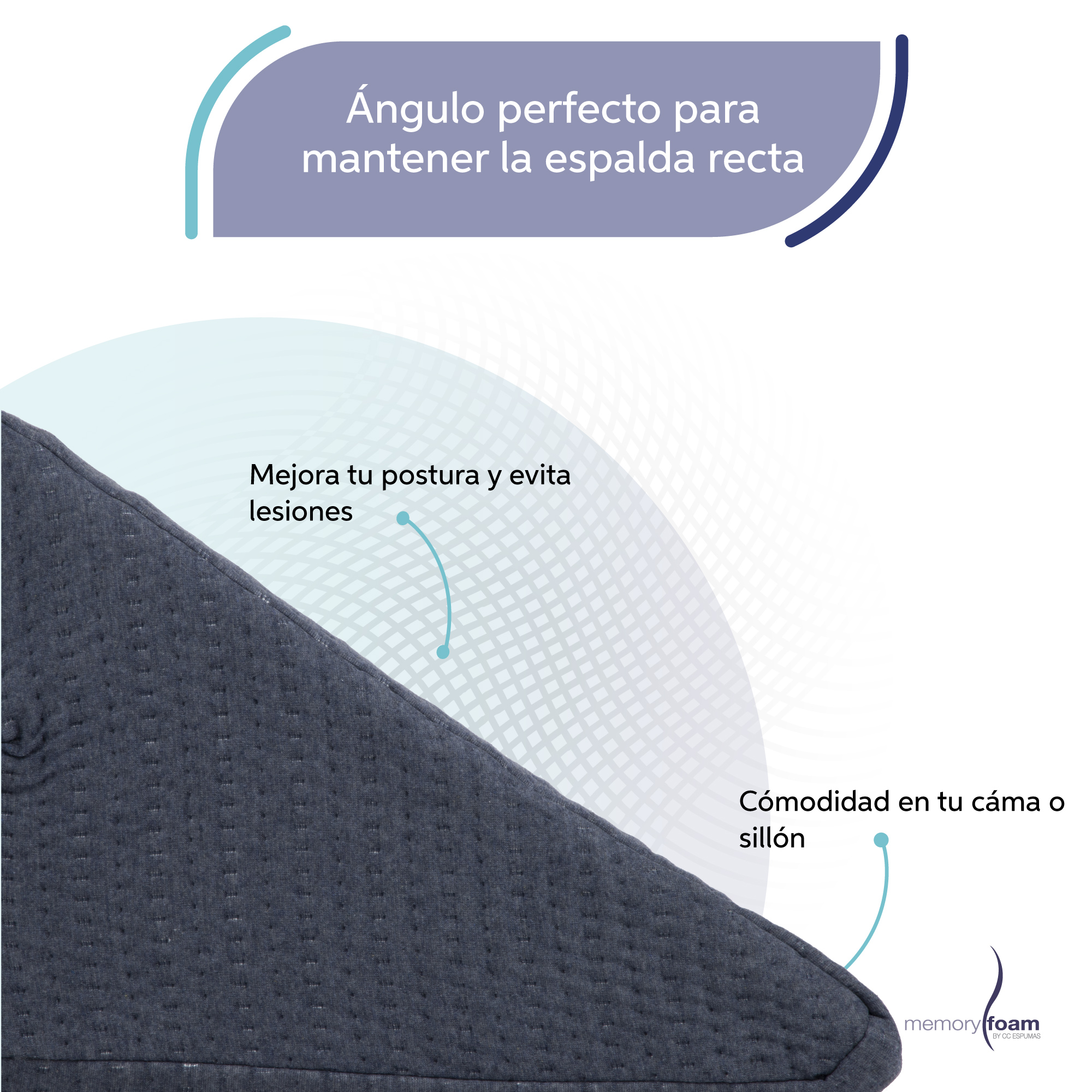 MEMORY FOAM Respaldo Tipo Cuña Para Adultos  Ideal Para ver TV, Leer, Trabajar o Cenar en la Cama o Sofá  Azul 40 x 48 x 30 cm  .