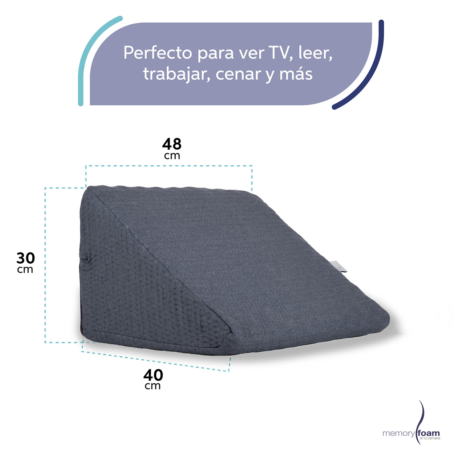 MEMORY FOAM Respaldo Tipo Cuña Para Adultos  Ideal Para ver TV, Leer, Trabajar o Cenar en la Cama o Sofá  Azul 40 x 48 x 30 cm  .