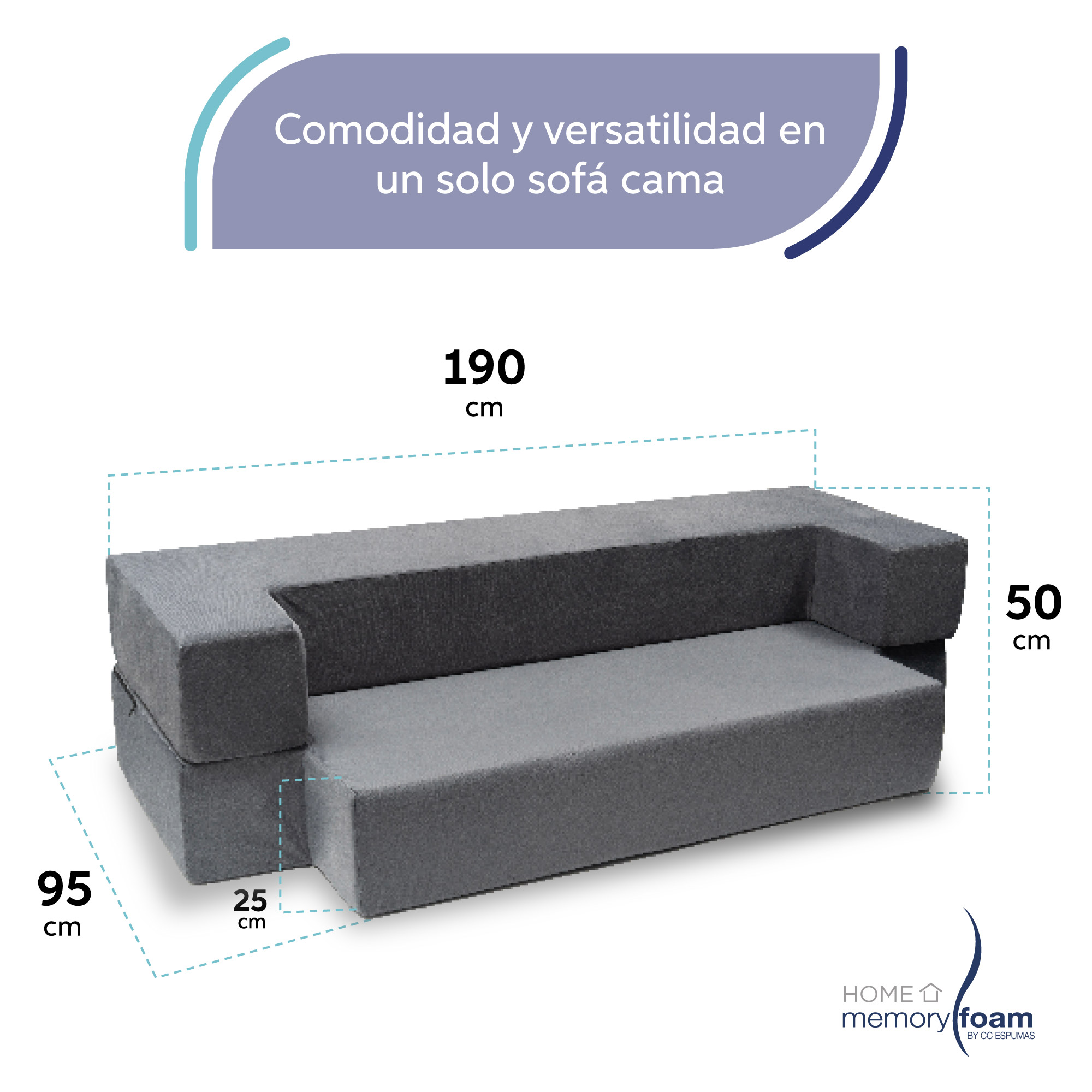 MEMORY FOAM HOME Sofá Cama Individual Tamaño Individual Color Gris Medidas 190 x 135 x 25 cm.