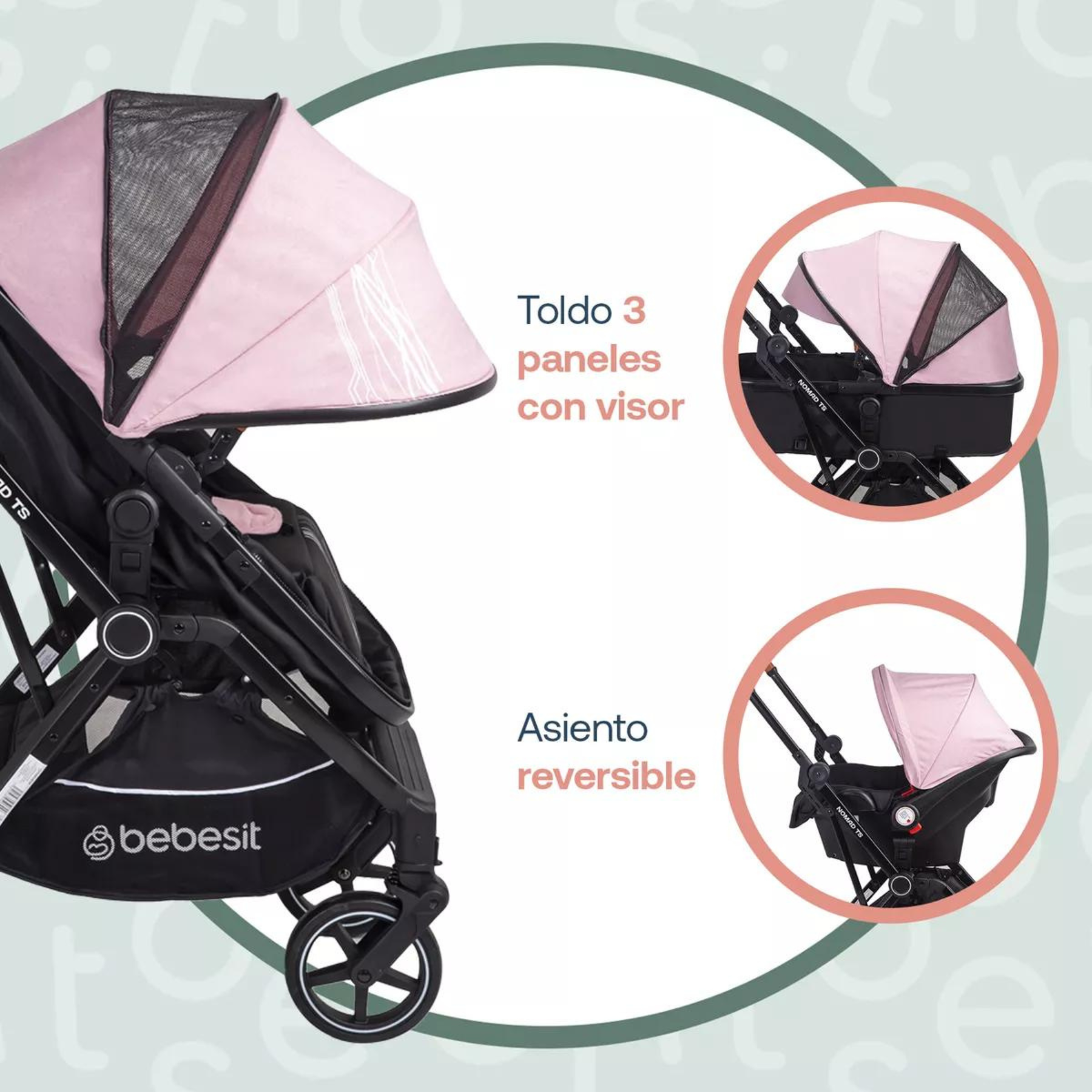 Carriola Para Bebé 3 En 1 Con Portabebé Bebesit Nomad - Rosa