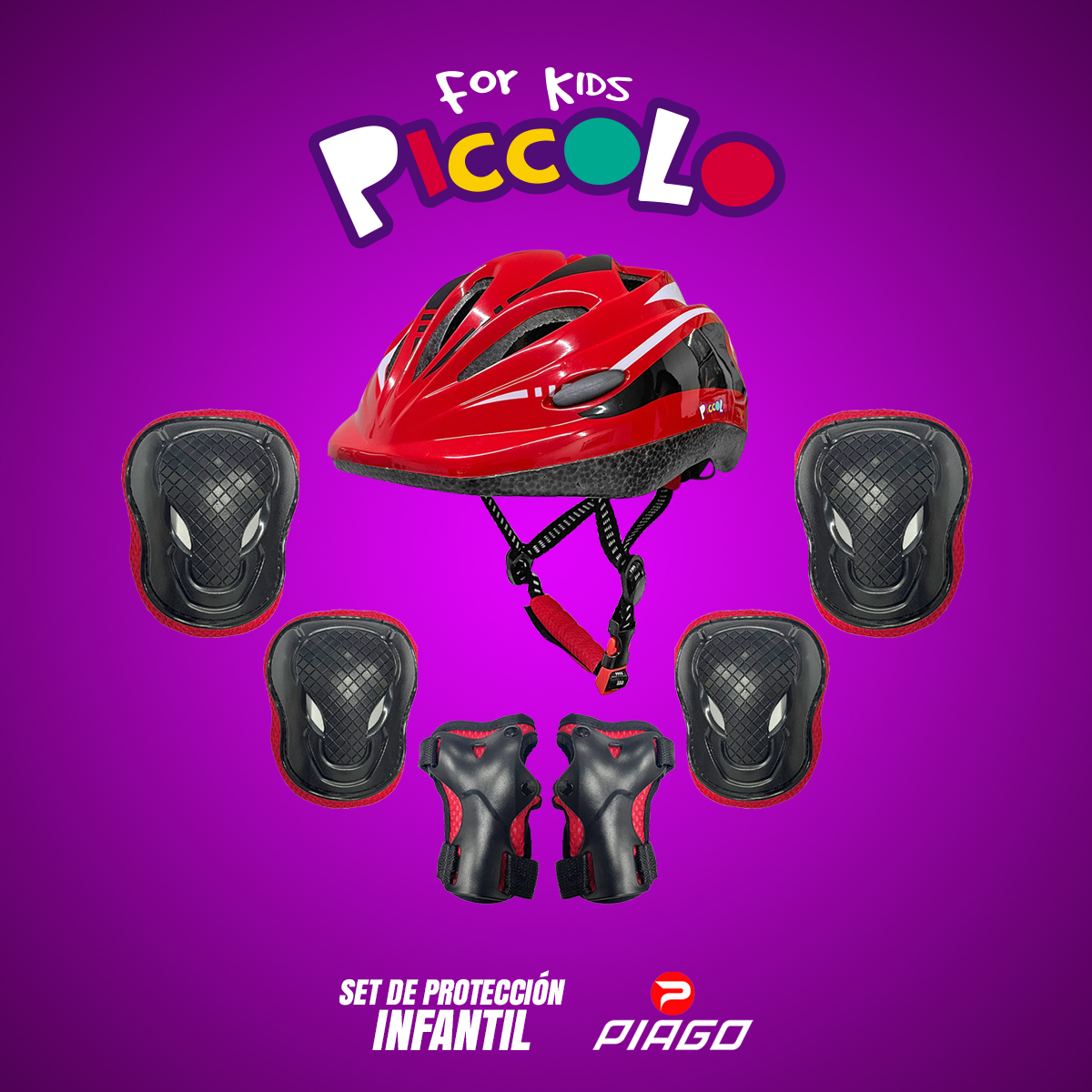 Casco Niño Bicicleta Kit Rodilleras Protección Infantil Rojo Piccolo