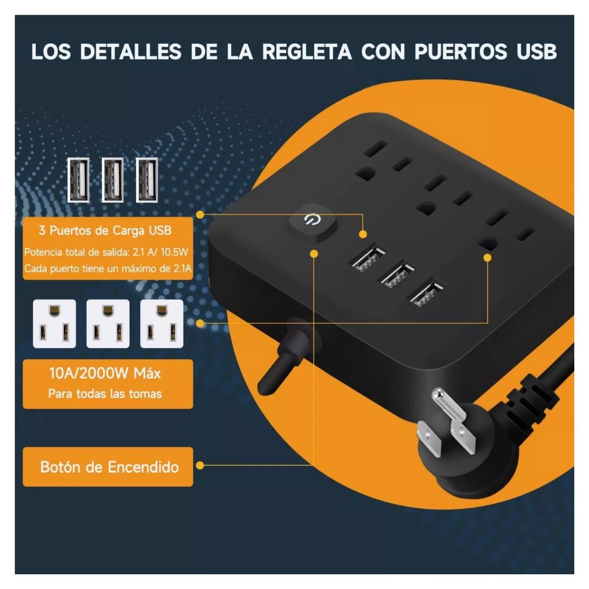 Regleta Multicontactos Extensión De 3 Puertos Usb Y 3 Tomas Negro