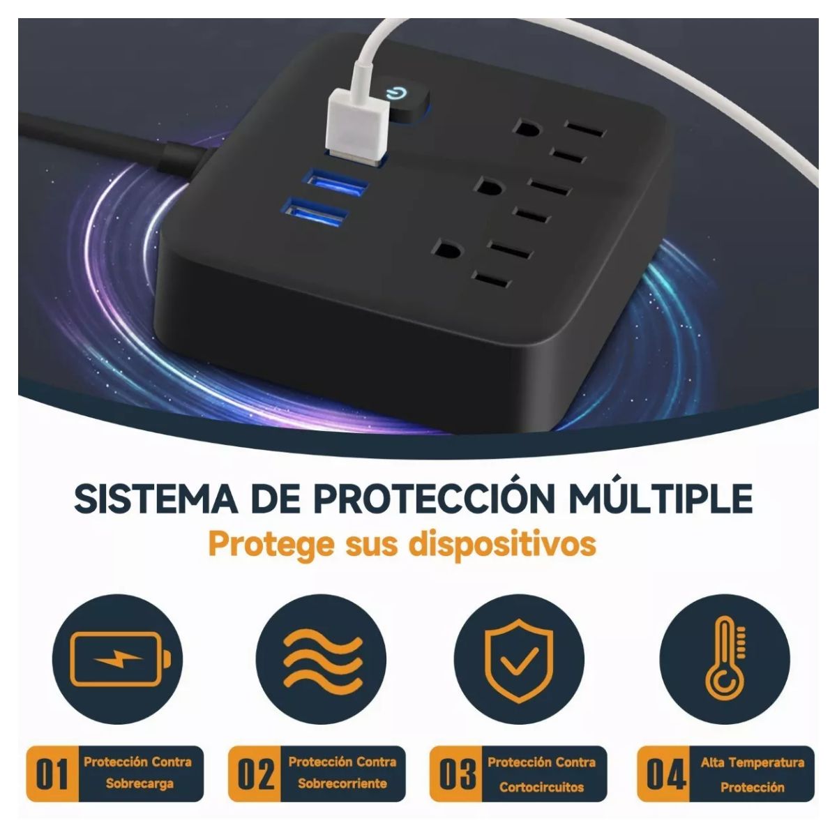 Regleta Multicontactos Extensión De 3 Puertos Usb Y 3 Tomas Negro