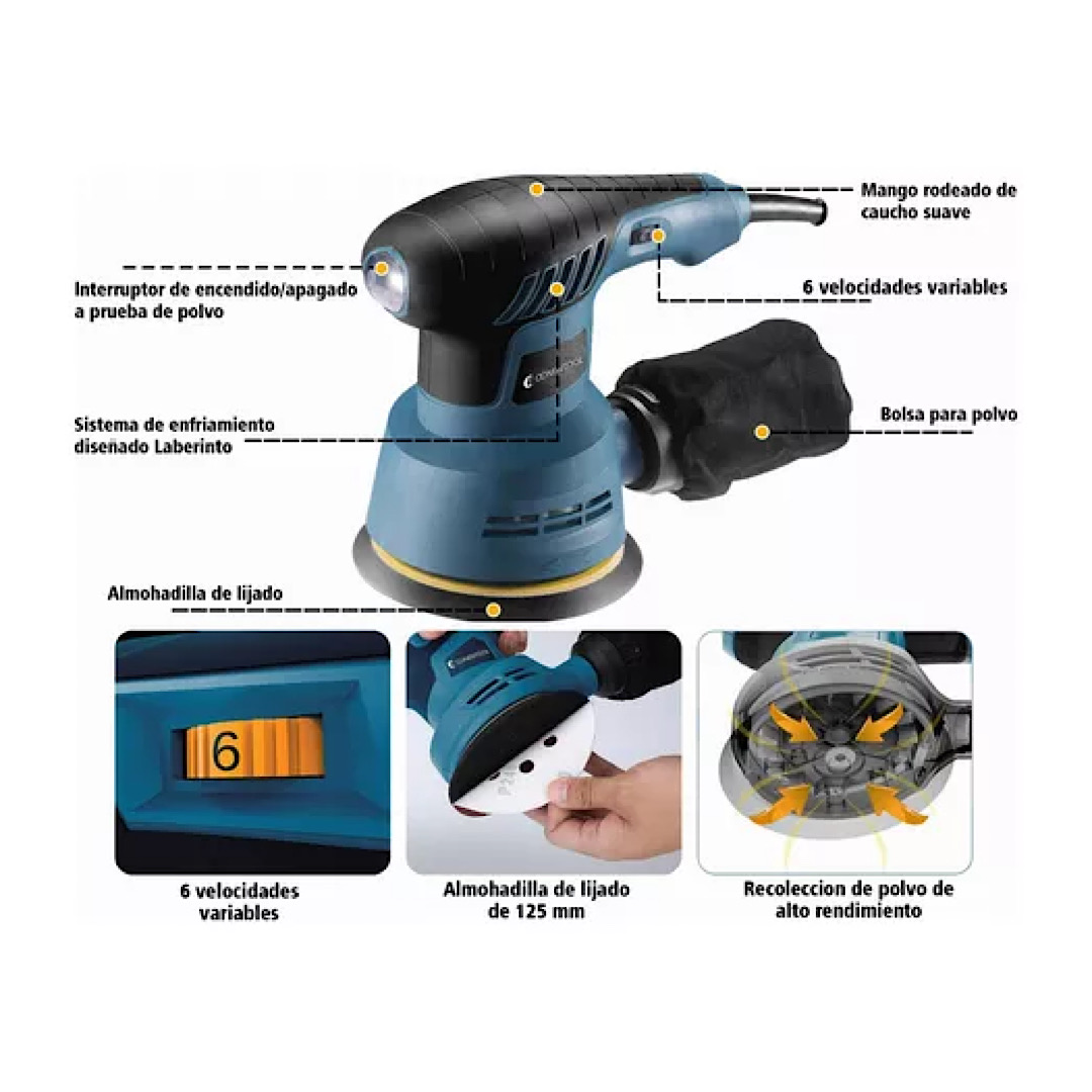 Lijadora Roto Orbital 6 Variaciones De Velocidad 300w 6 Lija