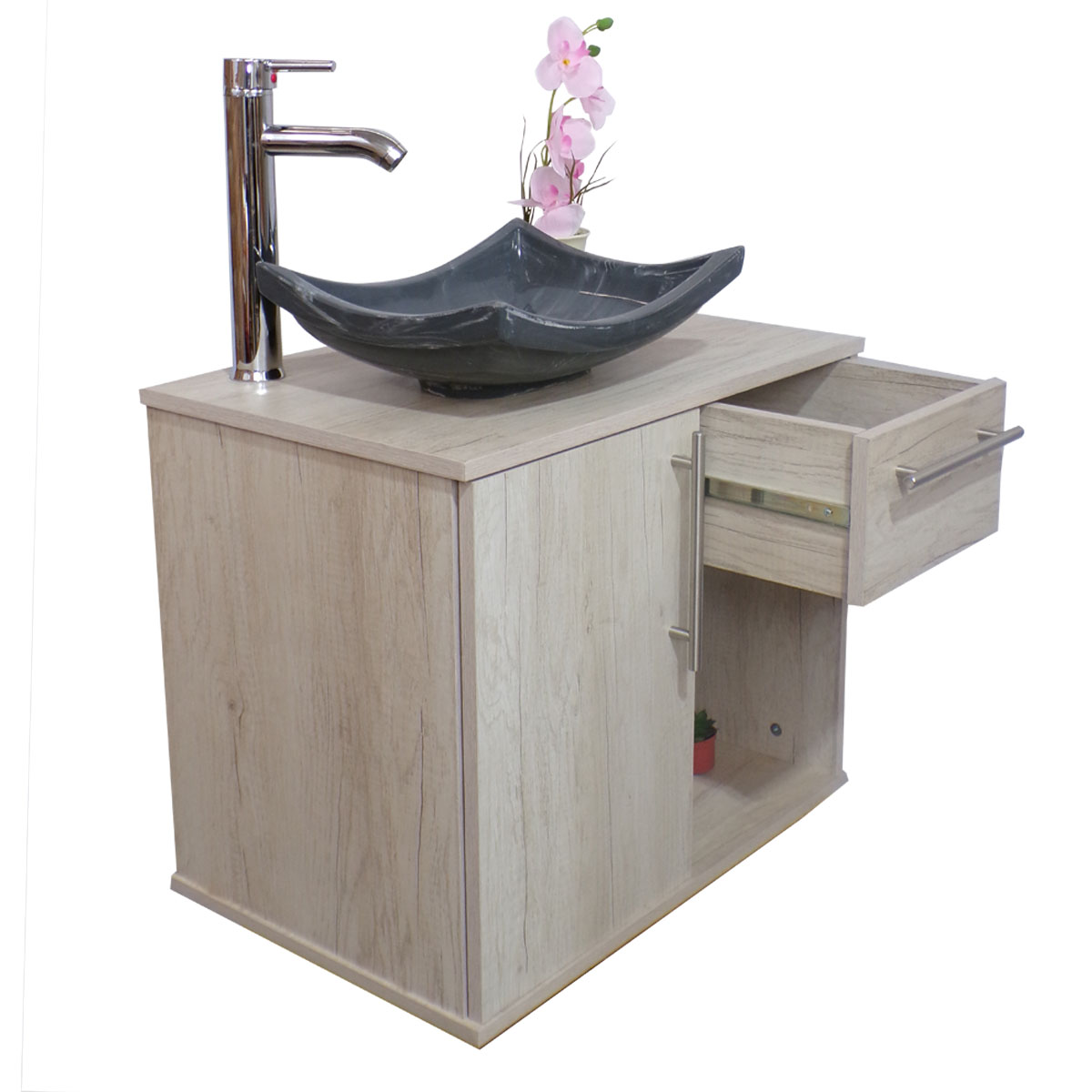 Gabinete Para Baño Flotante Con Ovalin Gris Y Cajón