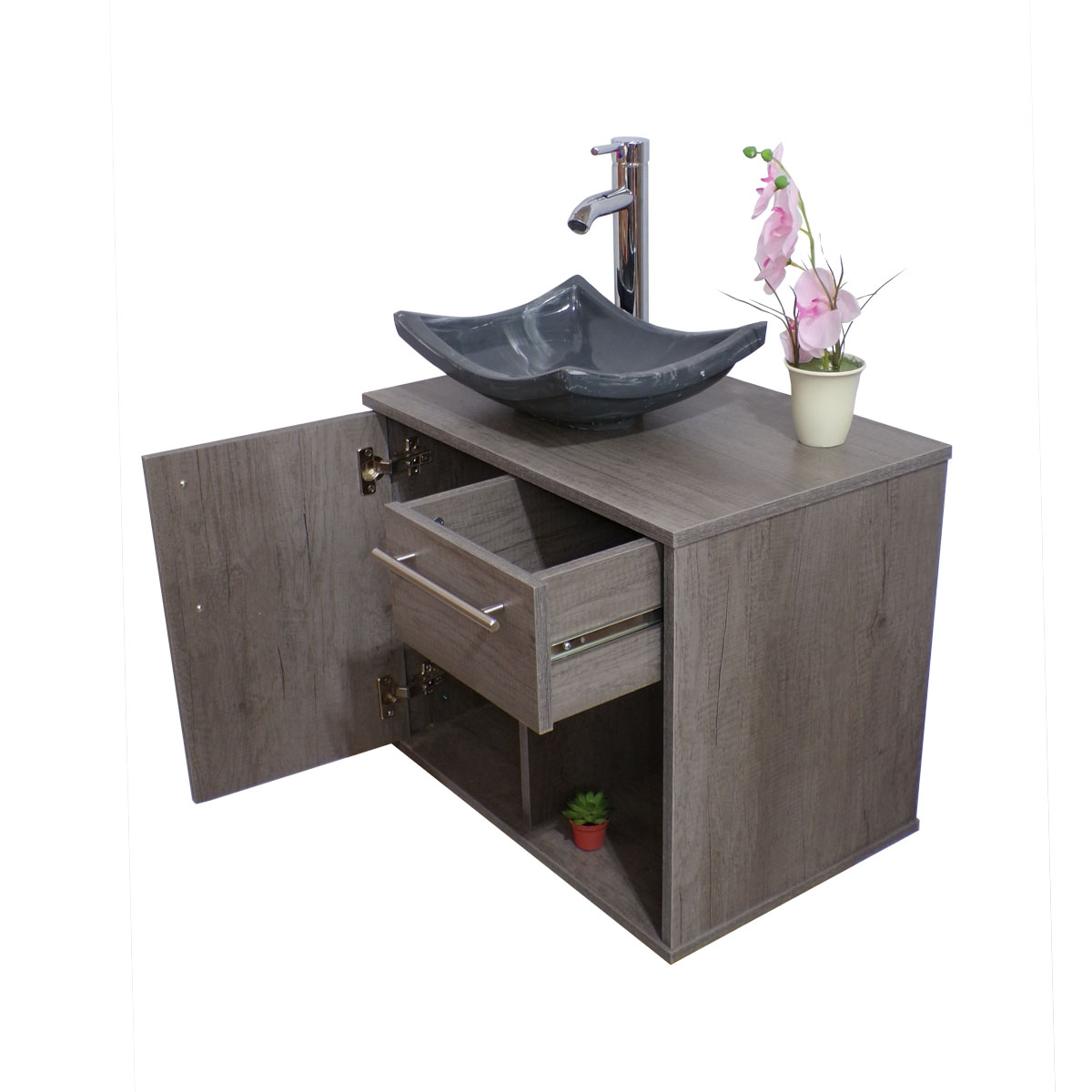 Gabinete Para Baño Flotante Con Ovalin Gris Y Cajón