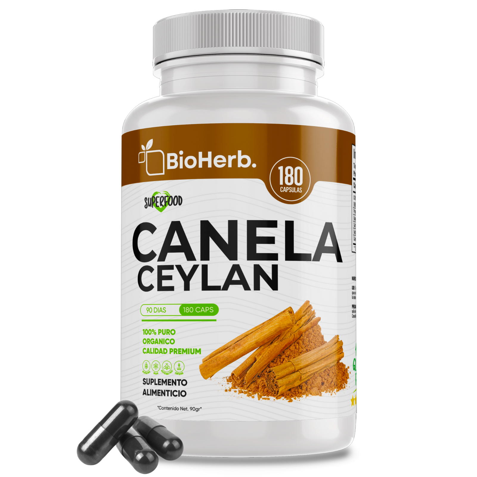 Canela Ceylan 100% Pura (180 Capsulas 500mg) |ORGANICO | NATURAL | Para 90 Dias | - Organic Ceylan Cinnamon