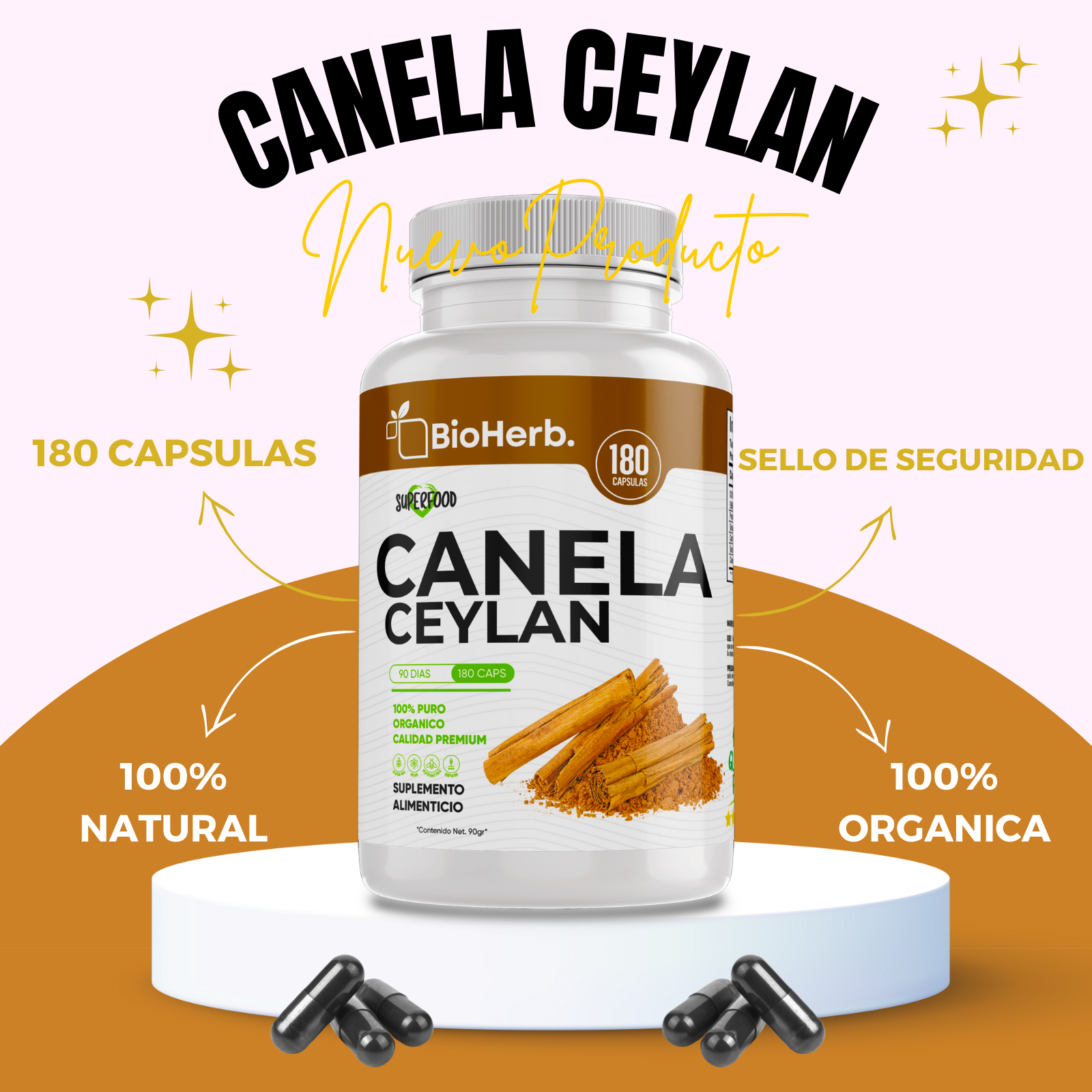 Canela Ceylan 100% Pura (180 Capsulas 500mg) |ORGANICO | NATURAL | Para 90 Dias | - Organic Ceylan Cinnamon