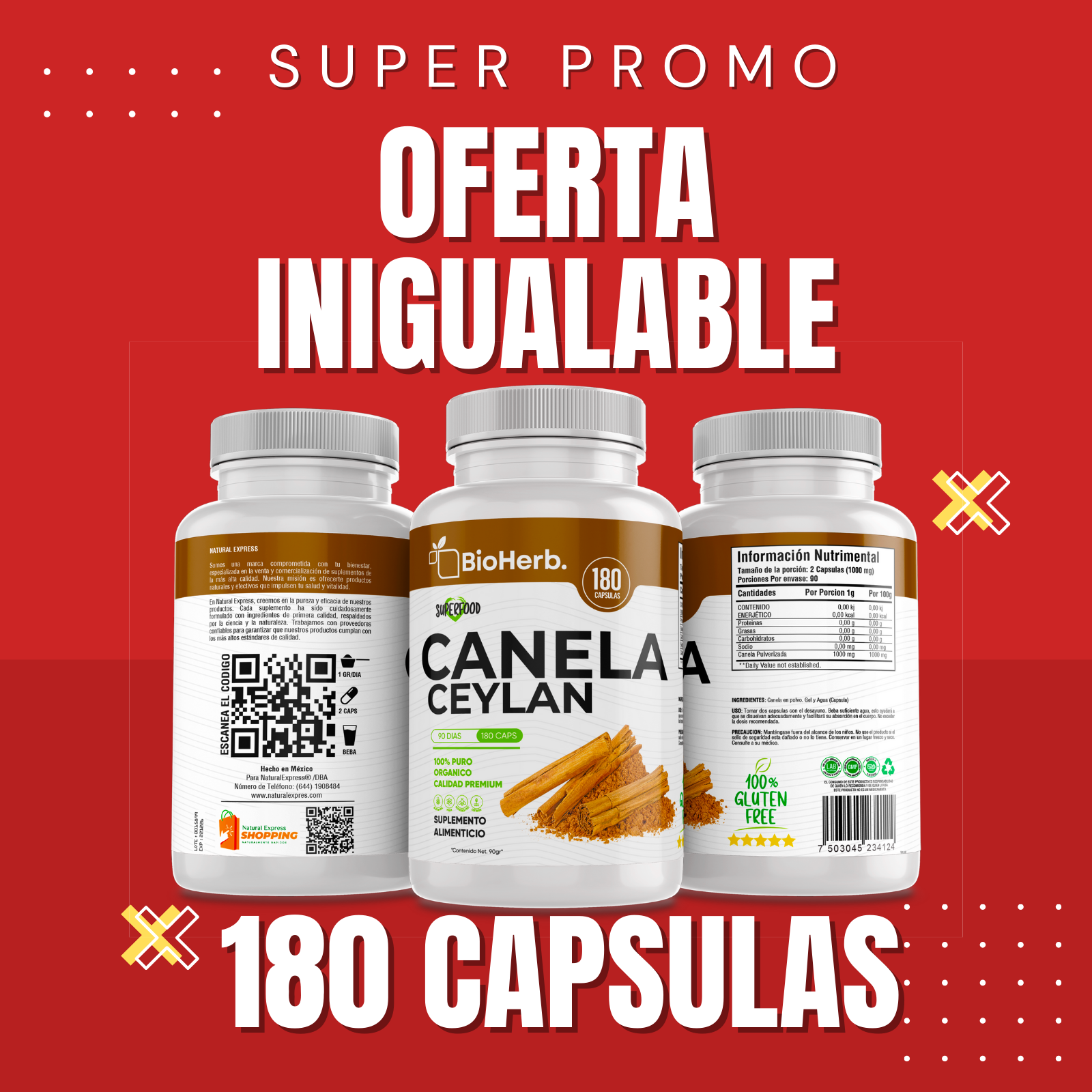 Canela Ceylan 100% Pura (180 Capsulas 500mg) |ORGANICO | NATURAL | Para 90 Dias | - Organic Ceylan Cinnamon