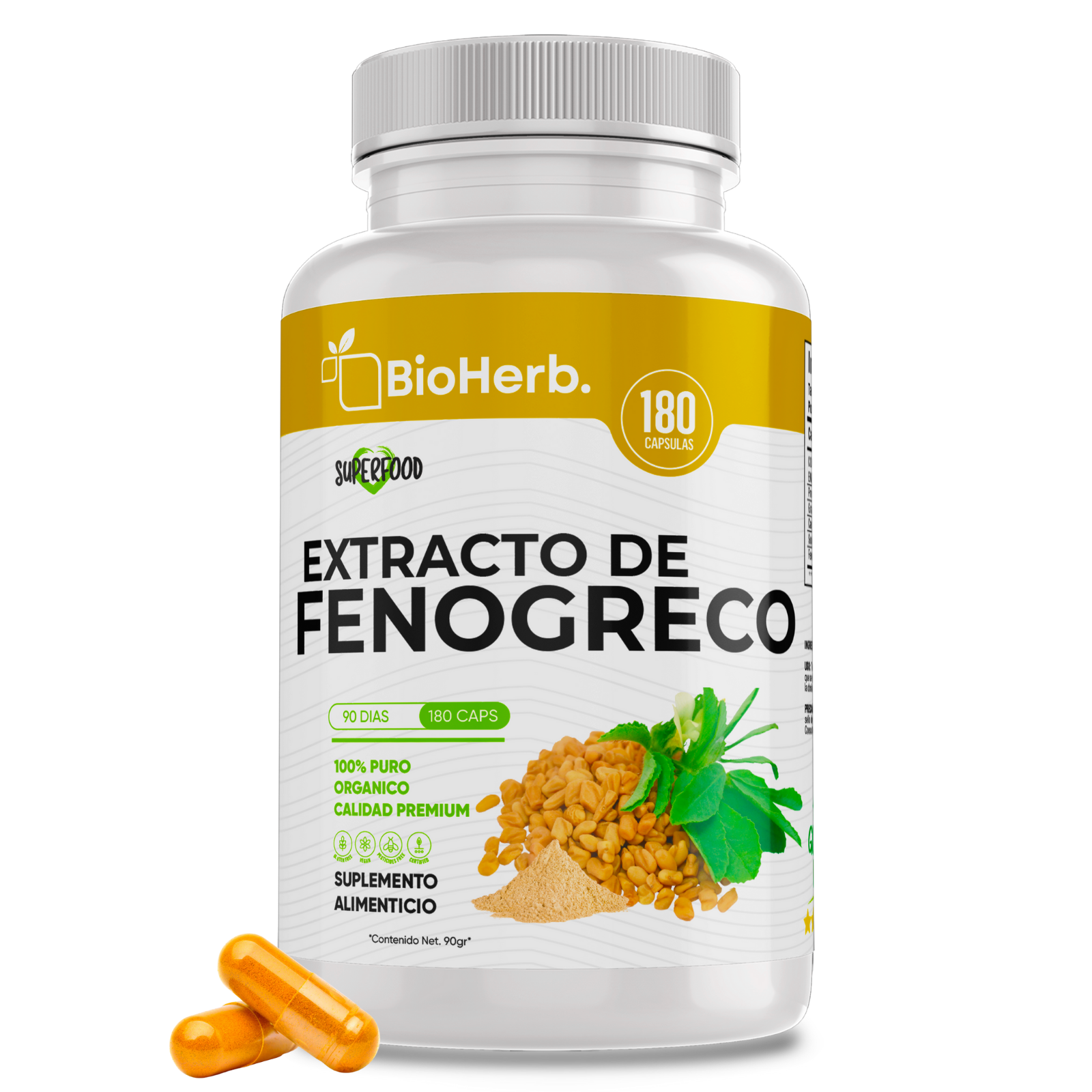 Fenogreco 100% Puro (180 Capsulas 500mg) |ORGANICO | NATURAL | Para 90 Dias | - Organic Fenogreco