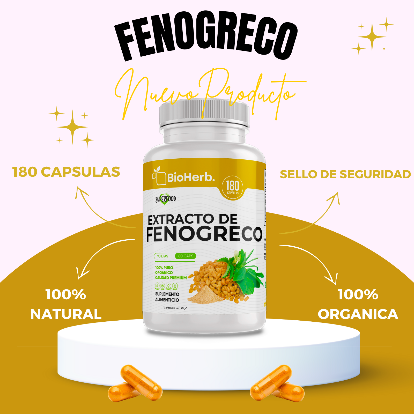 Fenogreco 100% Puro (180 Capsulas 500mg) |ORGANICO | NATURAL | Para 90 Dias | - Organic Fenogreco