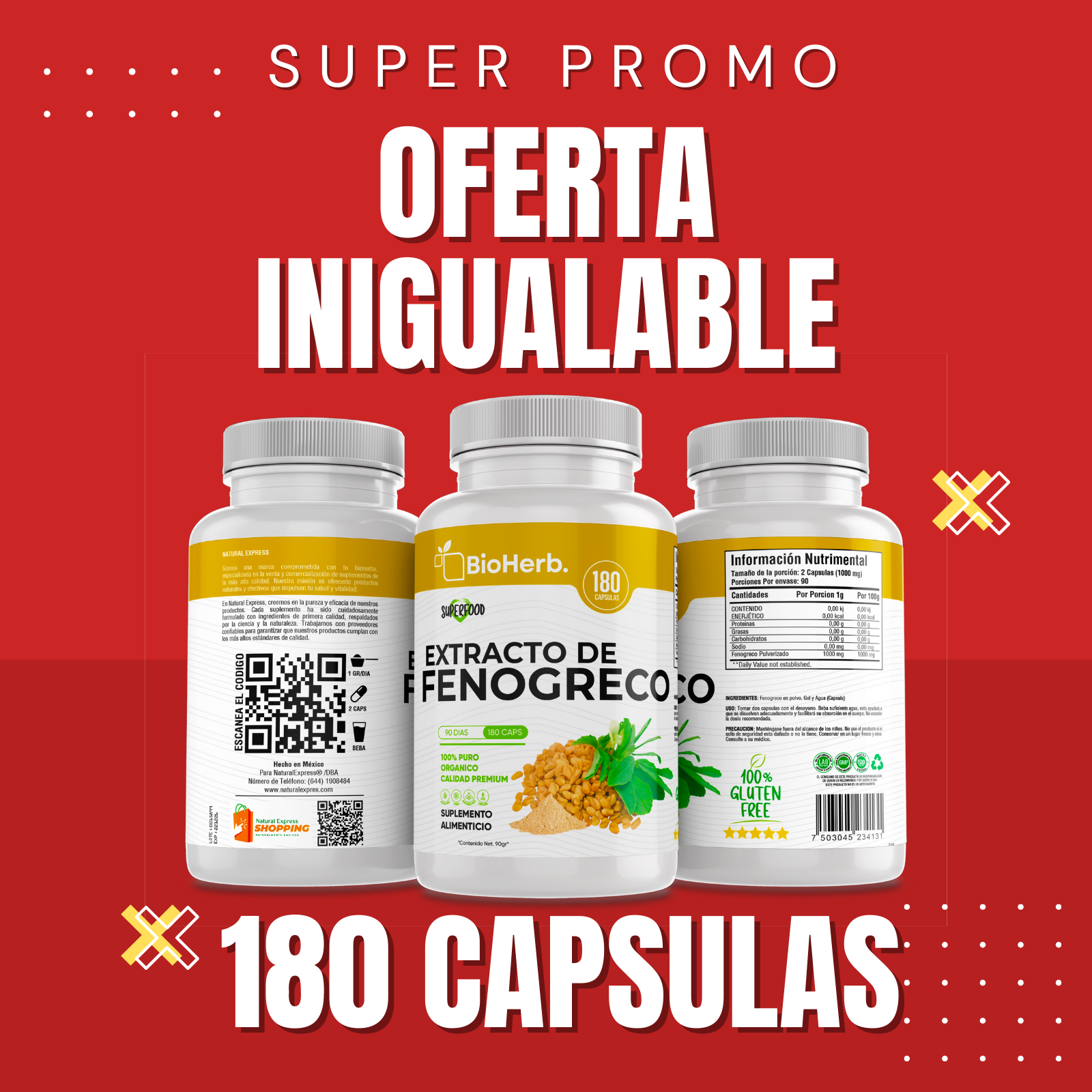 Fenogreco 100% Puro (180 Capsulas 500mg) |ORGANICO | NATURAL | Para 90 Dias | - Organic Fenogreco