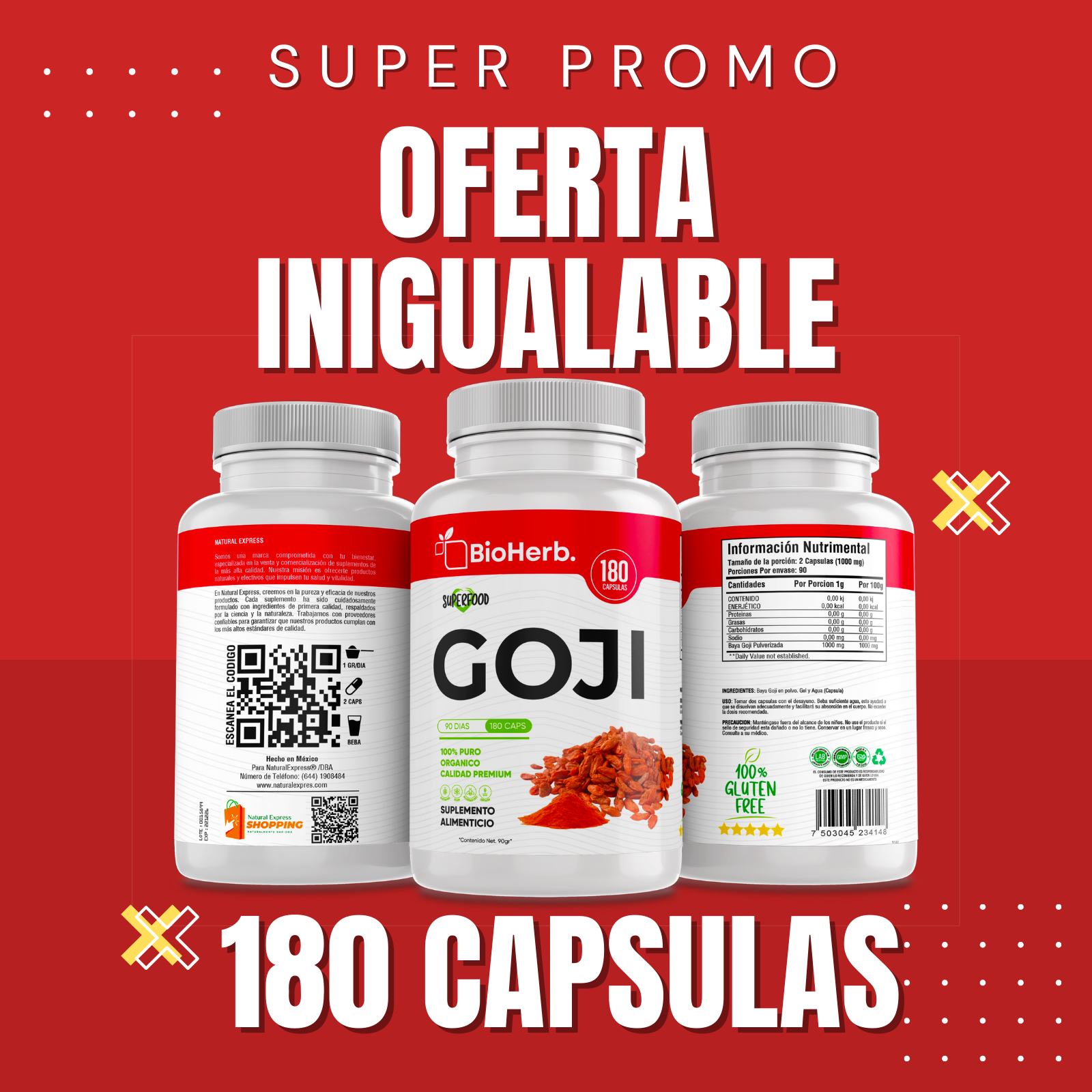 Baya Goji 100% Puro (180 Capsulas 500mg) |ORGANICO | NATURAL | Para 90 Dias | - Organic Goji Extract