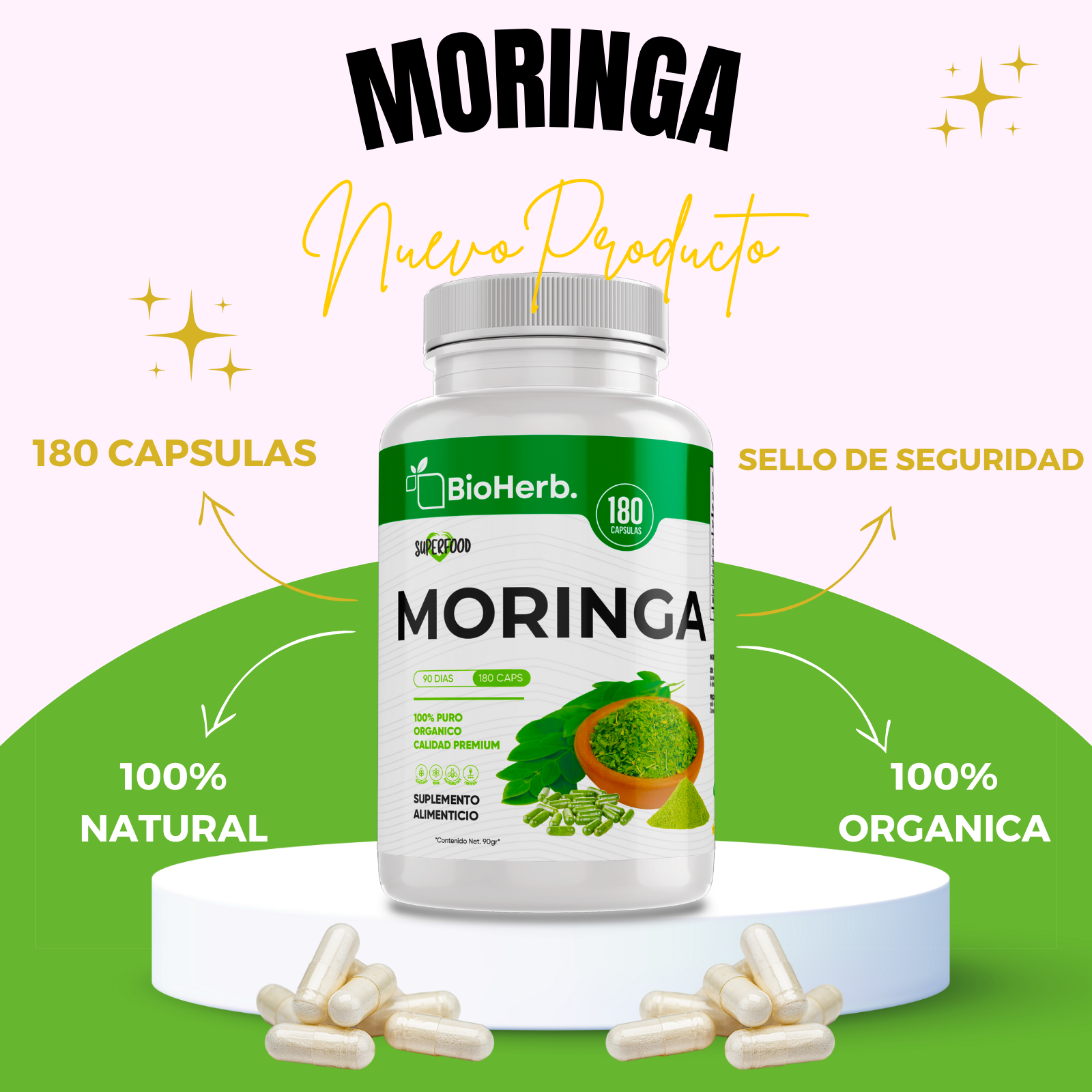 Moringa 100% Pura (180 Capsulas 500mg) |ORGANICO | NATURAL | Para 90 Dias | - Organic Moringa Powder