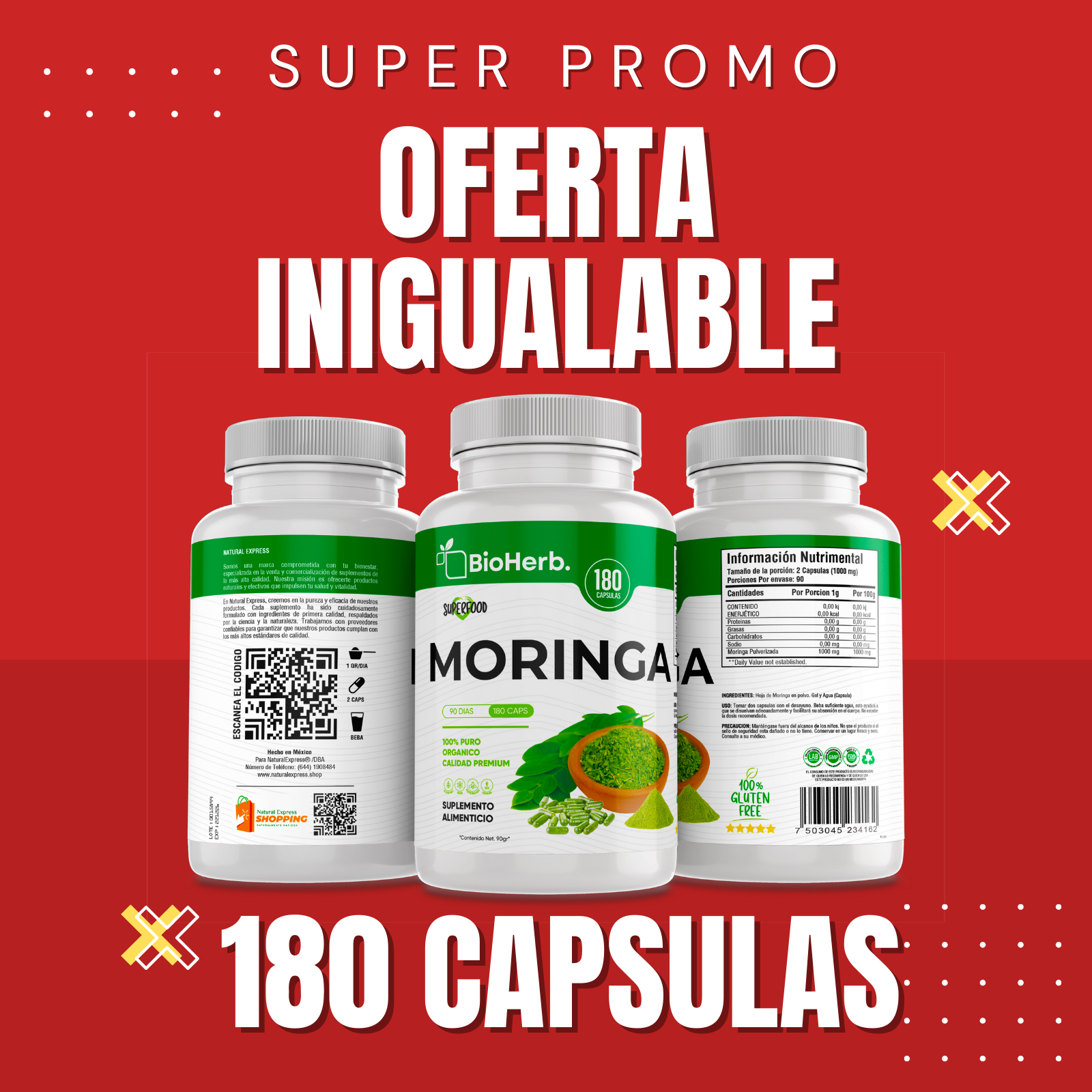 Moringa 100% Pura (180 Capsulas 500mg) |ORGANICO | NATURAL | Para 90 Dias | - Organic Moringa Powder