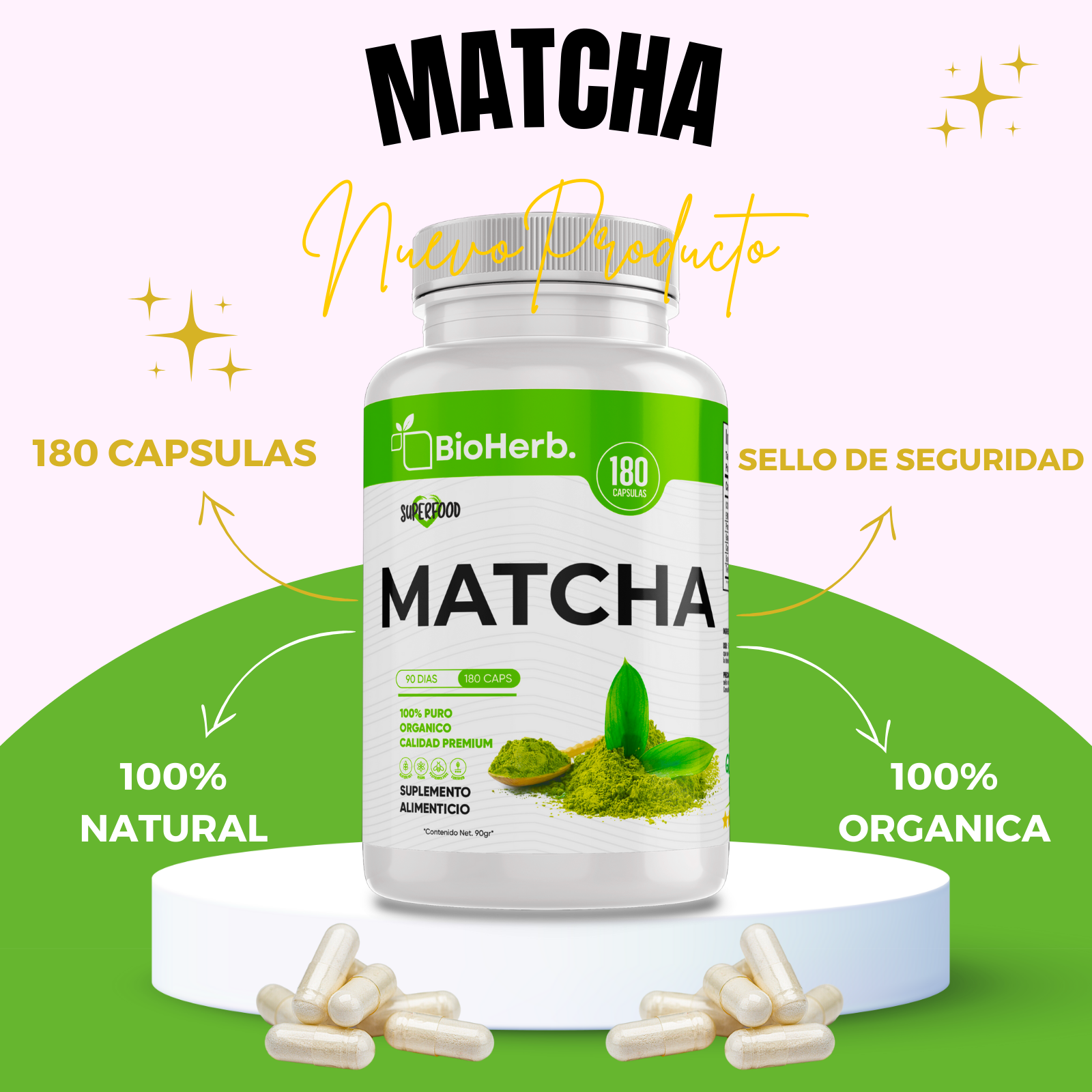 Matcha 100% Puro (180 Capsulas 500mg) |ORGANICO | NATURAL | Para 90 Dias | - Organic Matcha Powder