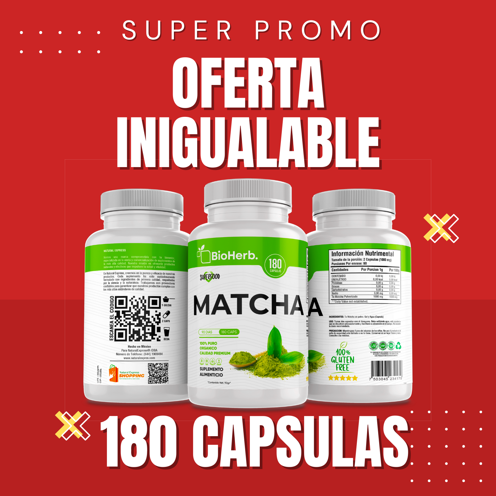 Matcha 100% Puro (180 Capsulas 500mg) |ORGANICO | NATURAL | Para 90 Dias | - Organic Matcha Powder