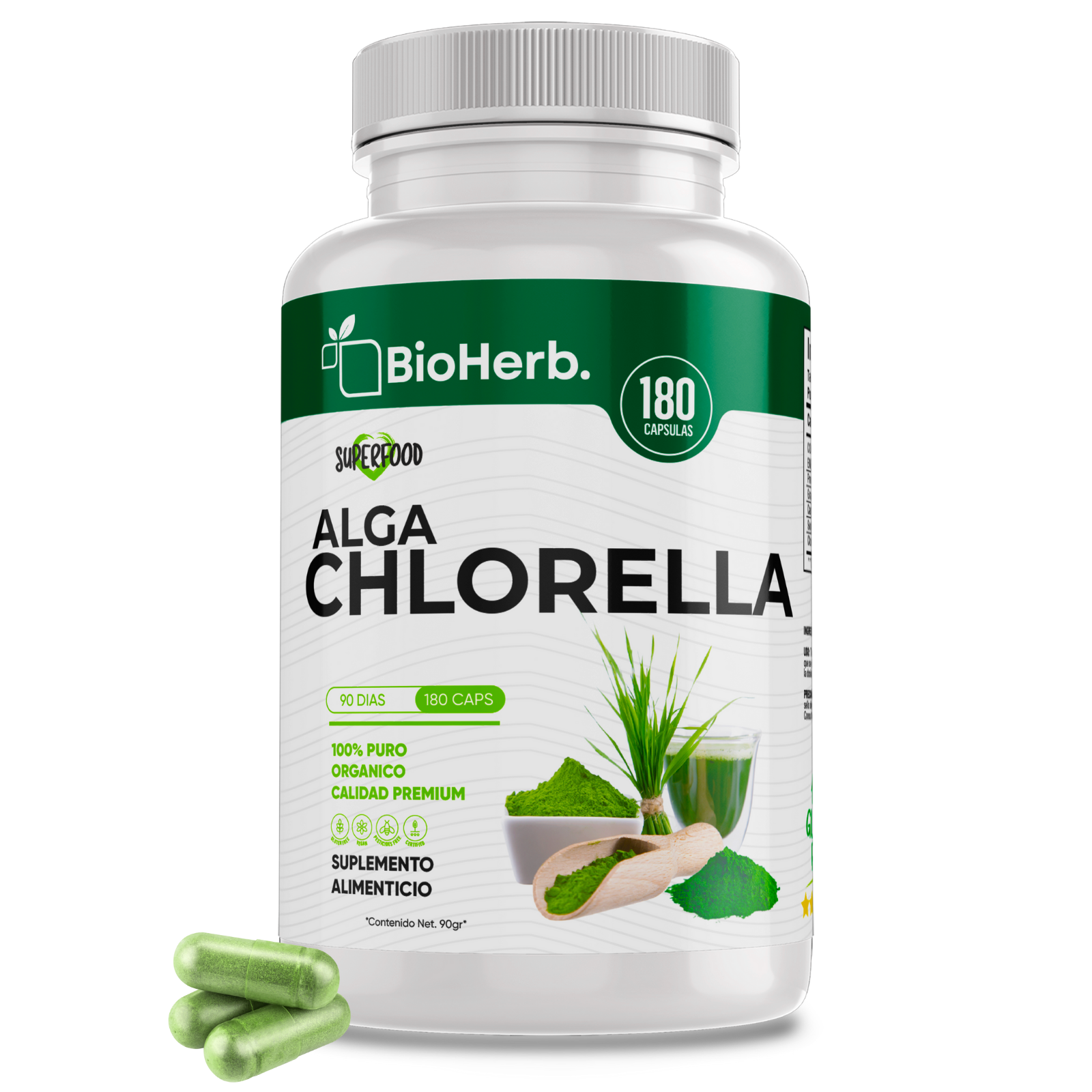 Alga Chlorella 100% Pura (180 Capsulas 500mg) |ORGANICO | NATURAL | Para 90 Dias | - Organic Chlorella