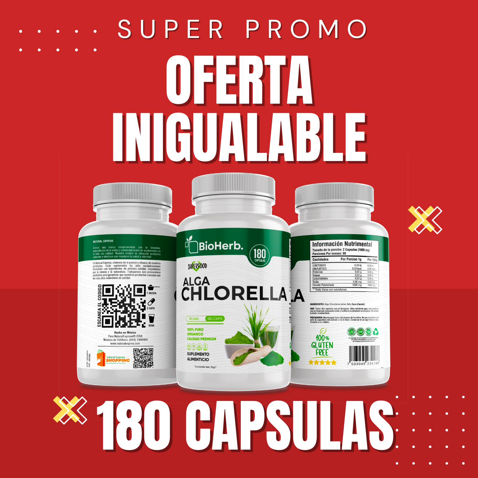 Alga Chlorella 100% Pura (180 Capsulas 500mg) |ORGANICO | NATURAL | Para 90 Dias | - Organic Chlorella